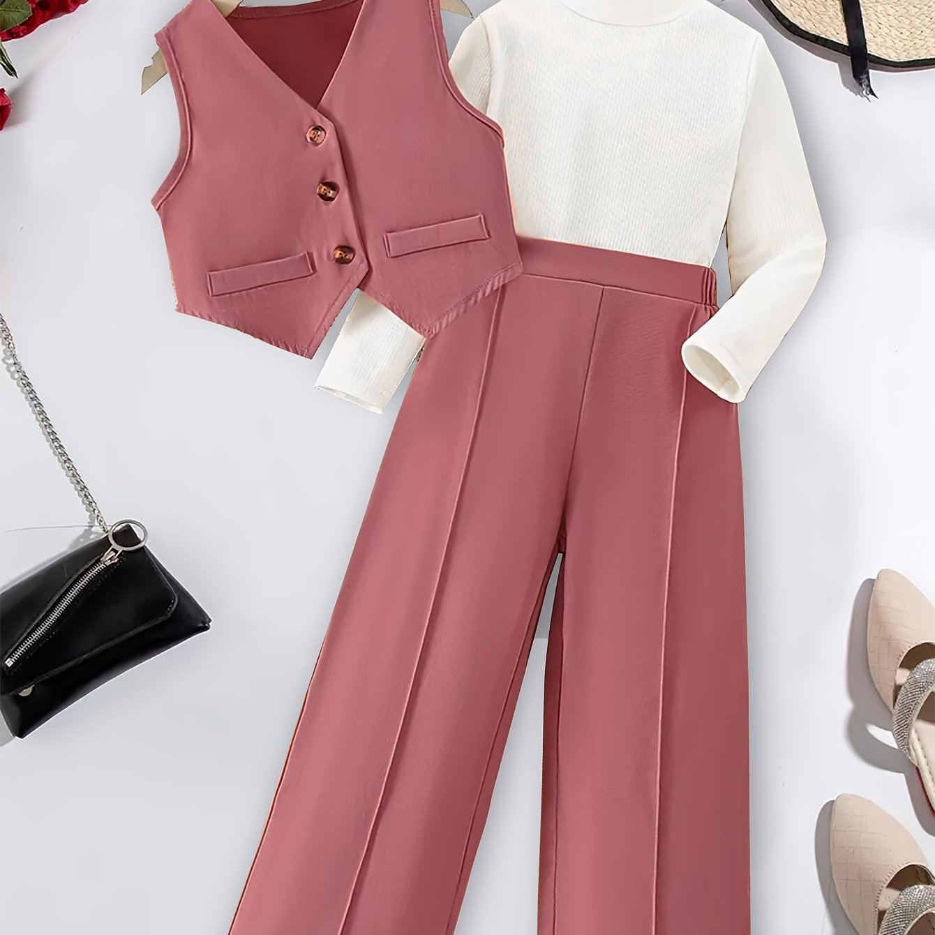 Image of High-rated Girls' Solid Color Resin Button Vest White Round Neck Long Sleeve Base Layer Casual Straight Pants 3pcs Set, Perfect For Outdoor Autumn Winter Essential