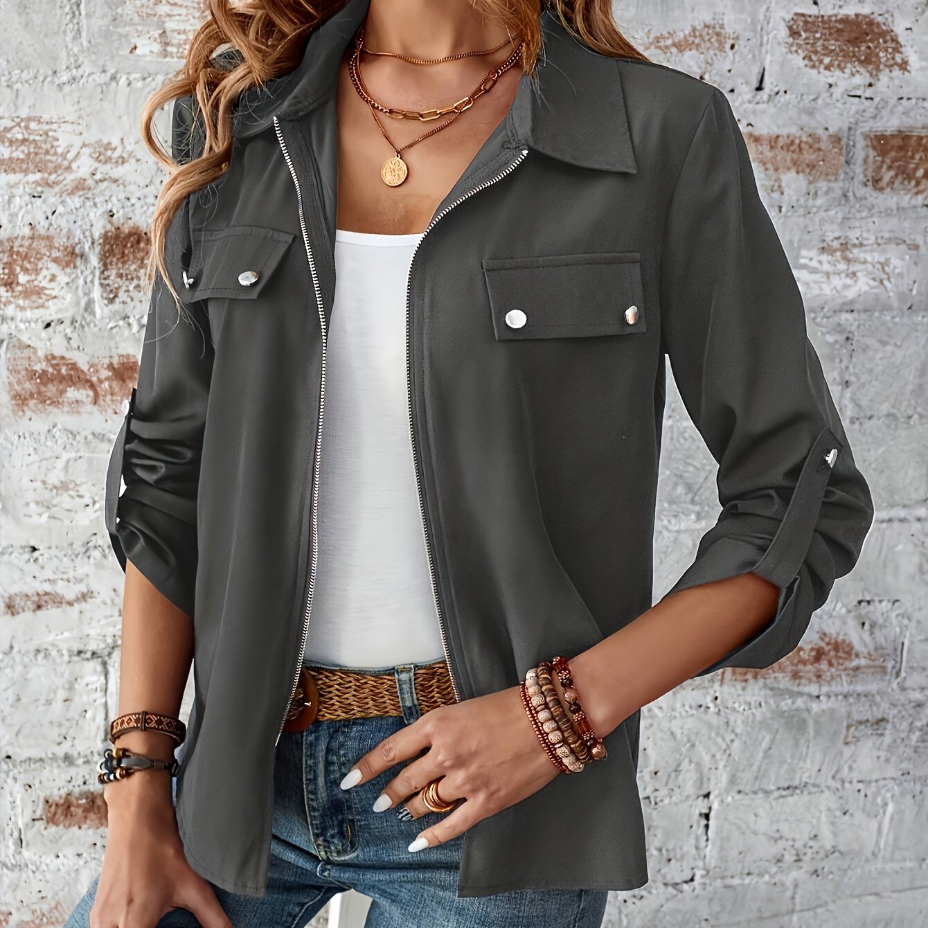 Solid Up Jacket, Elegant Long Sleeve Flap Detail Jacket For Spring & Fall, Women's Clothing
