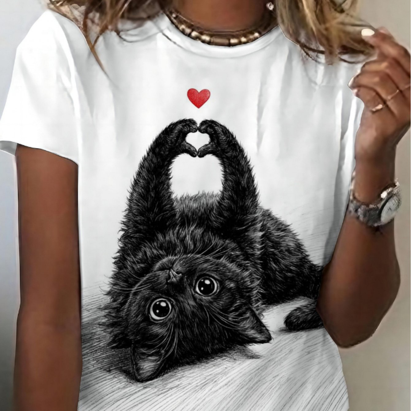 TEMU Cute Kitten Making Heart Heart Print T-shirt, Adorable Casual Versatile Top, Women's Individual Niche , Women's Fashion Casual Top, Fashionable