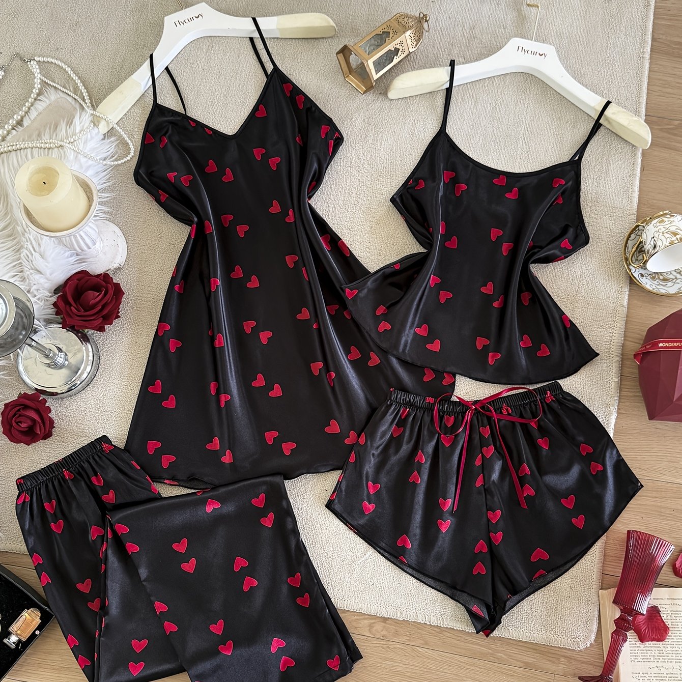 TEMU Gedrucktes süßes niedliches Schlafanzug-Set, bequemes Träger-Top, Shorts , Nachthemd, 4-teiliges Loungewear-Set