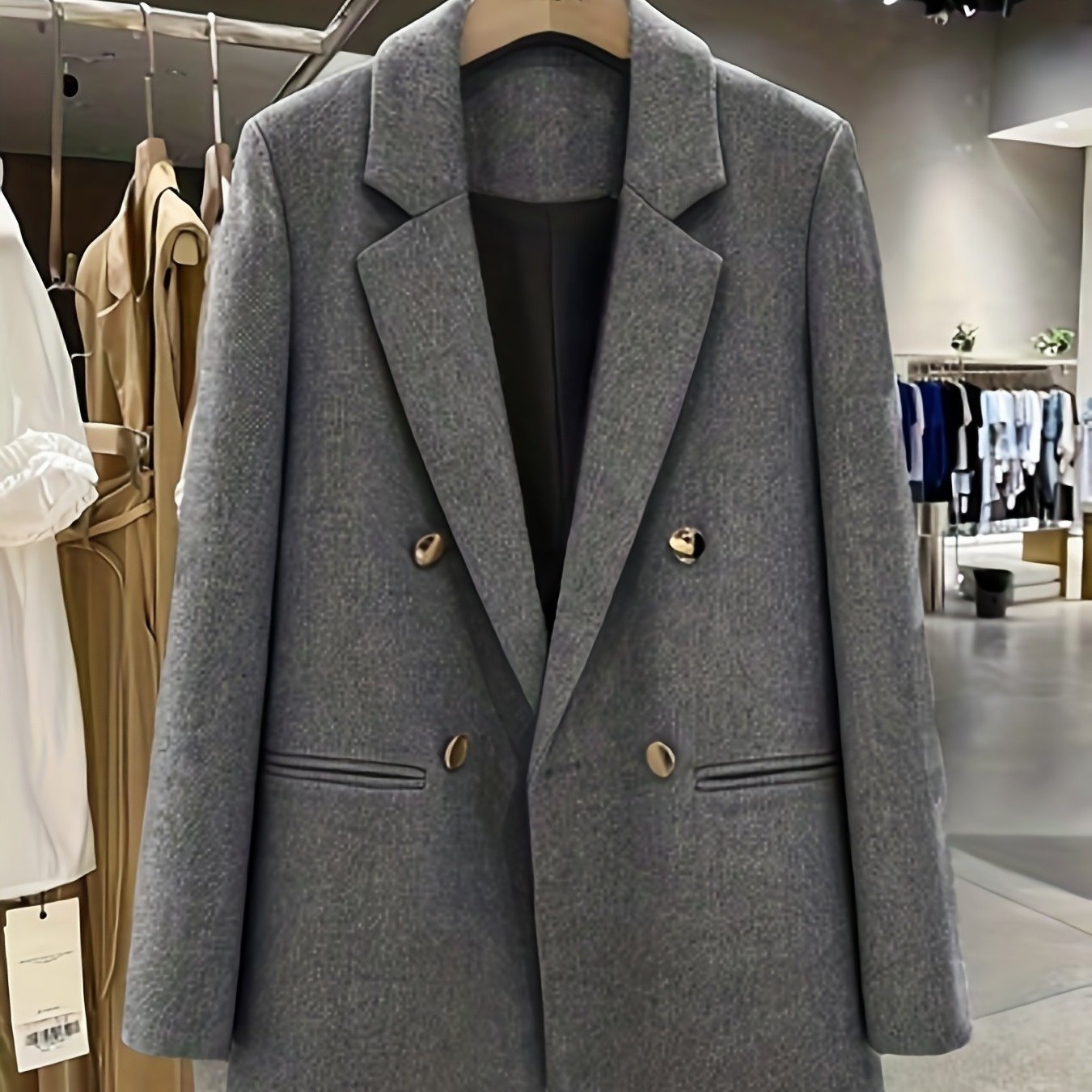 TEMU -border Women's Clothing Elegant Winter Elegant Party Dress Double-breasted Black Gray Women's Tweed Material Coat Jacket - Women's Eternal