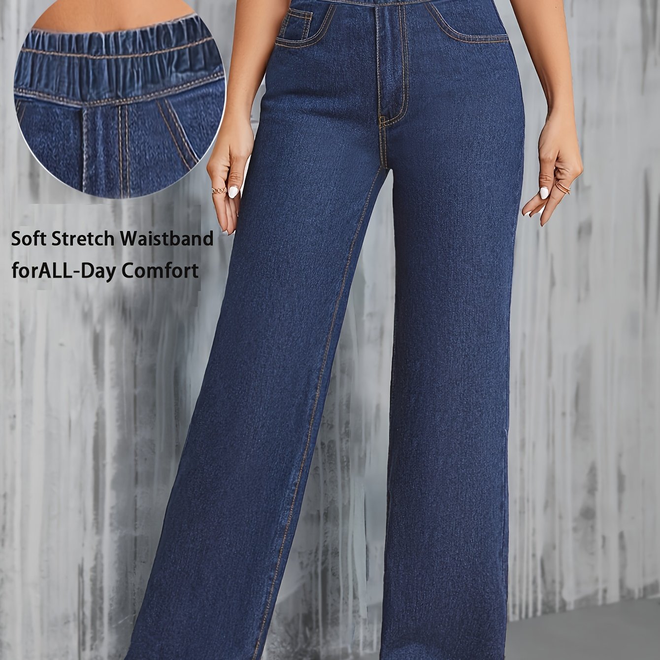 Image of Women's High-waisted Wide-leg Stretch Jeans - Elegant Straight-leg Trousers With Belt Loops & Water-wash Denim, For Casual, Office, Travel - Wash (mid-rise) Pants, Machine Washable