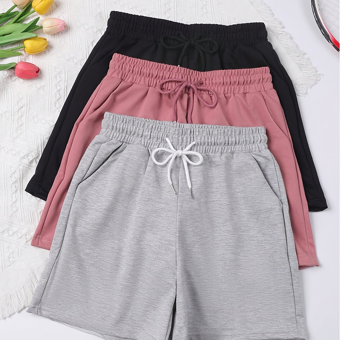 E-shop 3-teiliges Set für Frühling und Sommer, Damen Freizeit- und Sportbekleidung, Shorts-Set mit doppelten und Taillenbetonung