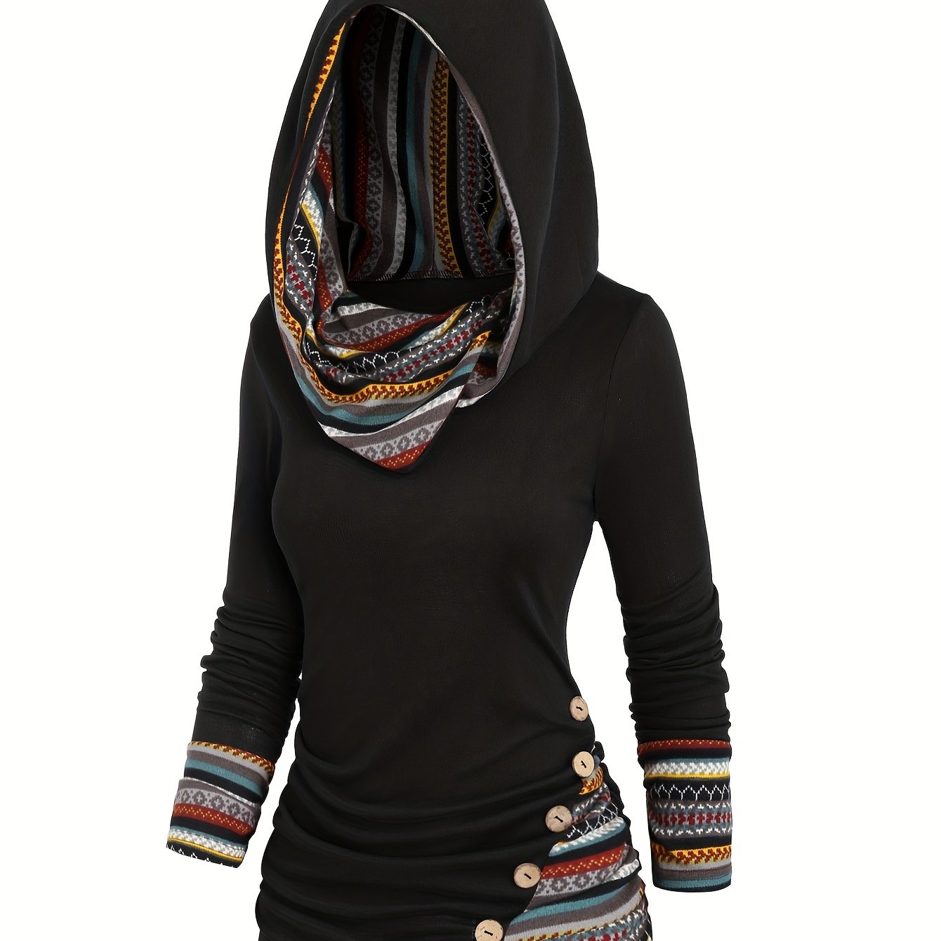 TEMU Button Decor Ethnic Print Hoodie, Casual Long Sleeve Hooded Top, Women's Clothing