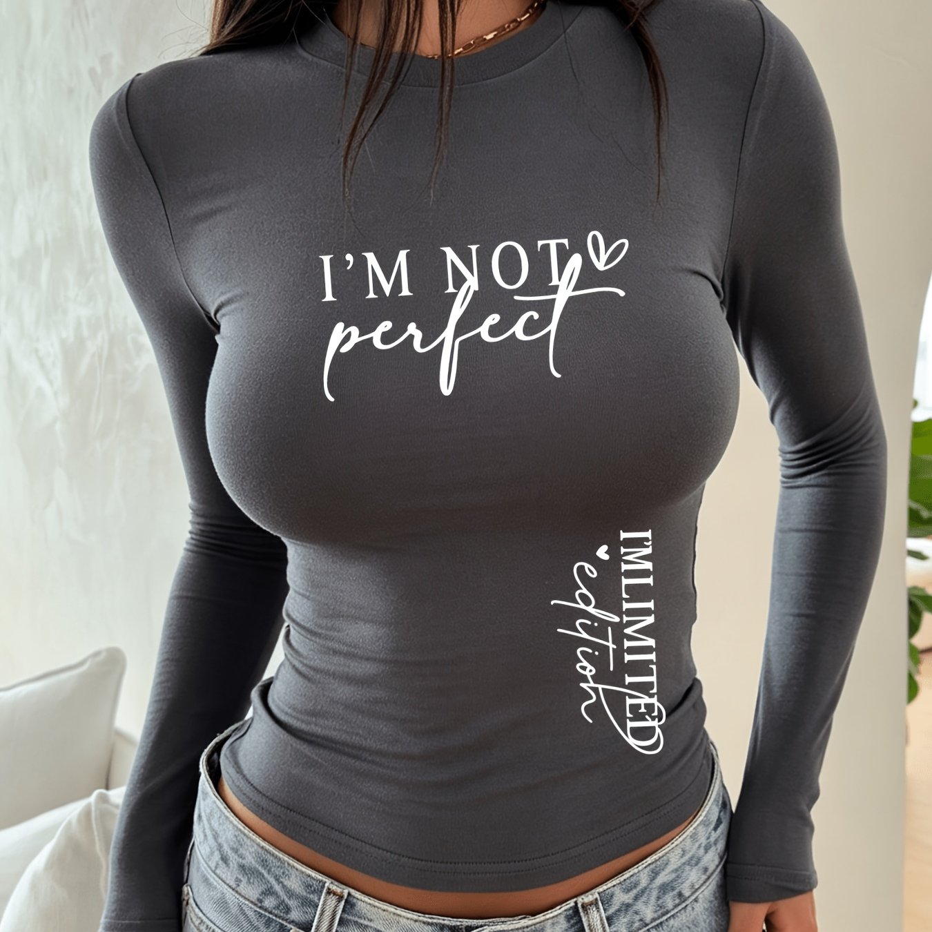 TEMU Imlimited Letter Graphic 2d Print T-shirt, Slim Fit Long Sleeve Longline T-shirt, Seasonal Fashion, Vintage Style, Comfortable Cut, Classic