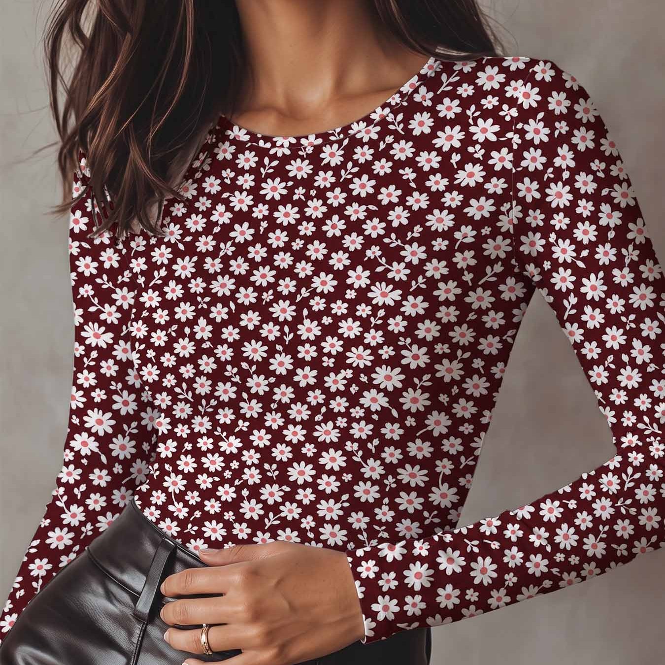 TEMU Women's Soft Round Neck Long Sleeve T-shirt With Small Daisy Floral Print - -compatible Design | Machine Washable Non- Fabric | Medium Stretch
