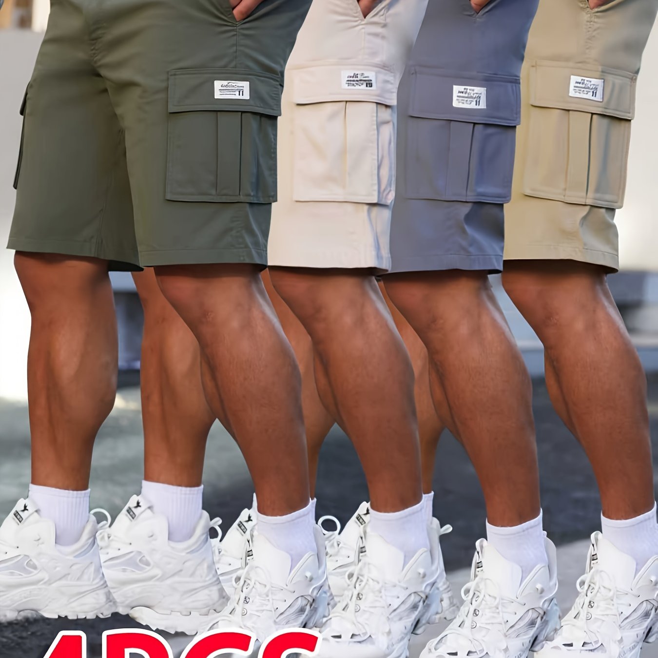 TEMU Men's Casual Cargo Shorts, Set Of 4 - With Functional Pockets, Drawstring Waist, Polyester Fiber - Suitable For Sportswear, Outdoor & Daily Wear