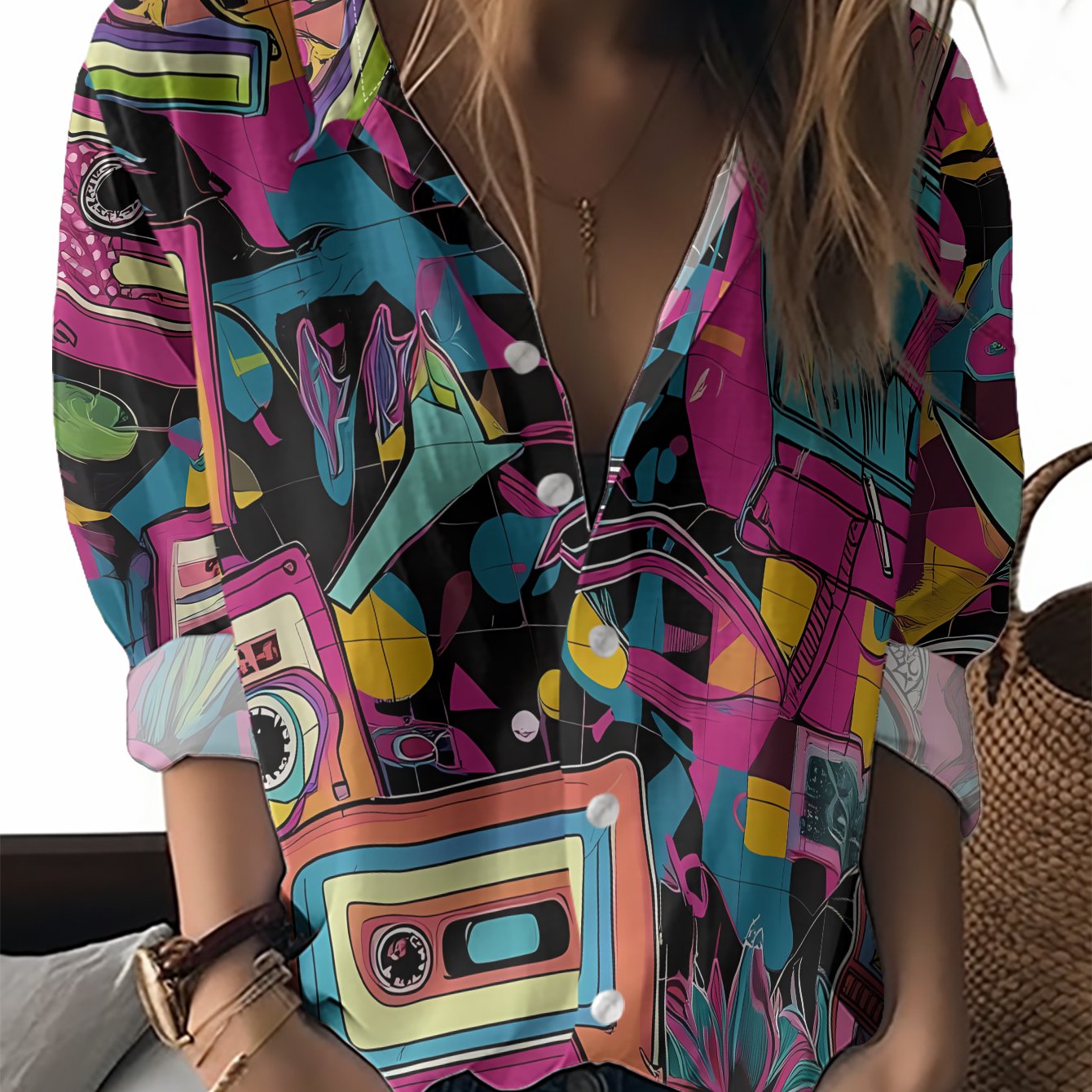 TEMU Esta nueva camisa de larga para mujer un estilo graffiti con como cintas, plantas y , mostrando un colorido . Es un top versátil adecuado para