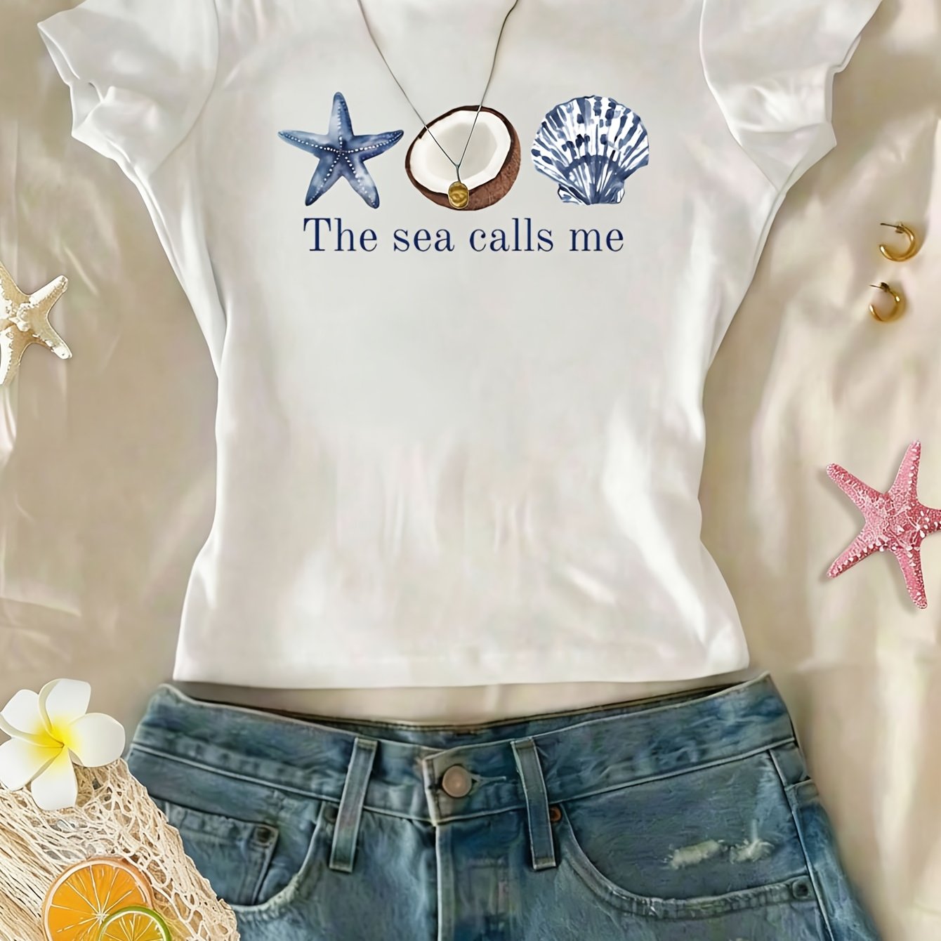 TEMU T-shirt une pièce pour femmes, style européen et américain, design créatif avec d' de mer, et + le "The Sea Calls Me"