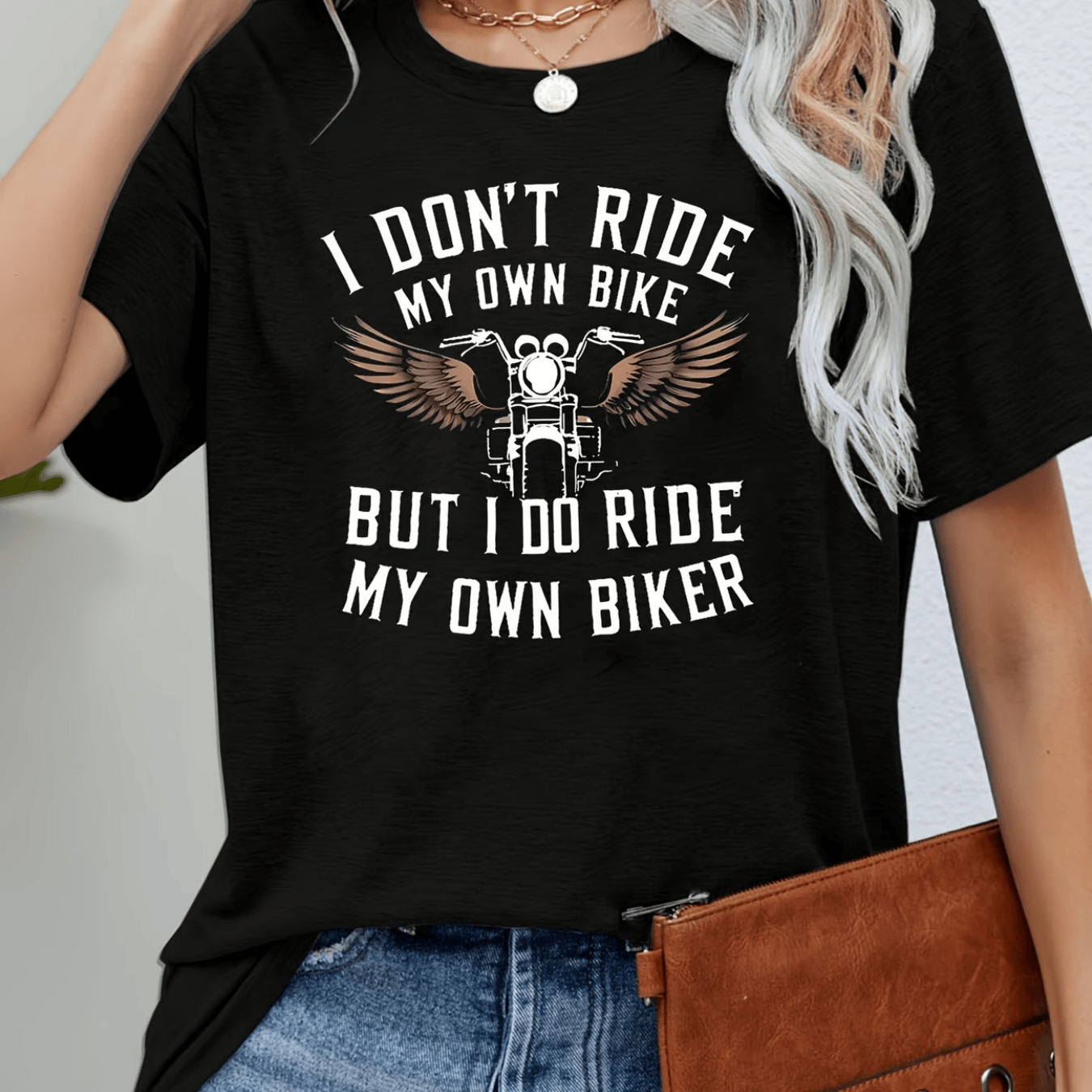 TEMU Women's Motorcycle-themed T-shirt - "'t Ride Bike But I Do Ride Biker" Slogan With Winged Print, Round Neck Casual Spring/summer Blouse Style
