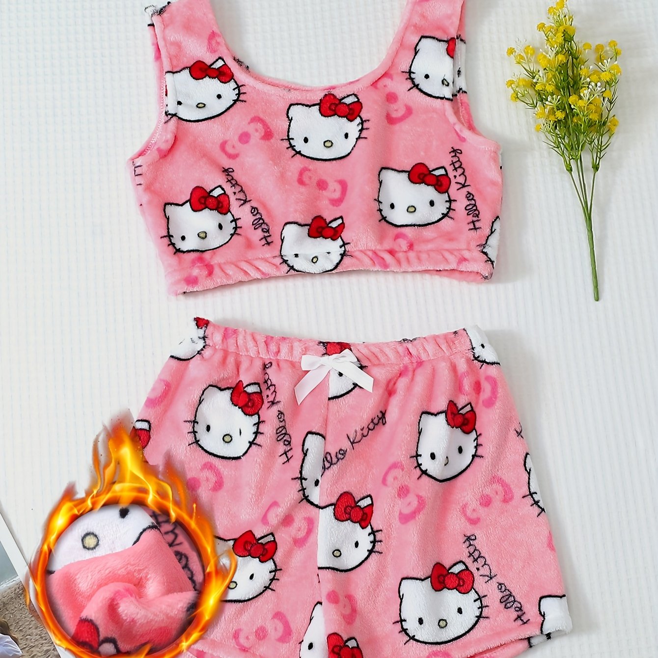 E-shop Zweiteiliger Herbst/Winter Rundhals-Top Schleifen-Shorts Plüsch-Pyjama-Set, Weiche Bequeme -Druck Schlafanzug-Loungewear-Set