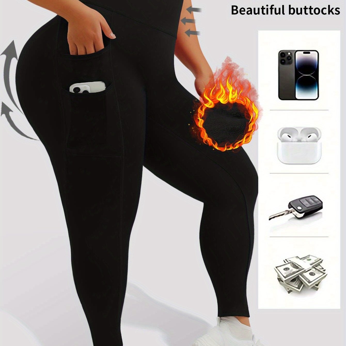TEMU Developed For , Autumn/winter Ribbed Brushed Plus-size Yoga Leggings Worn As Outerwear. Featuring 4-pocket Designs, The Waistband Has A