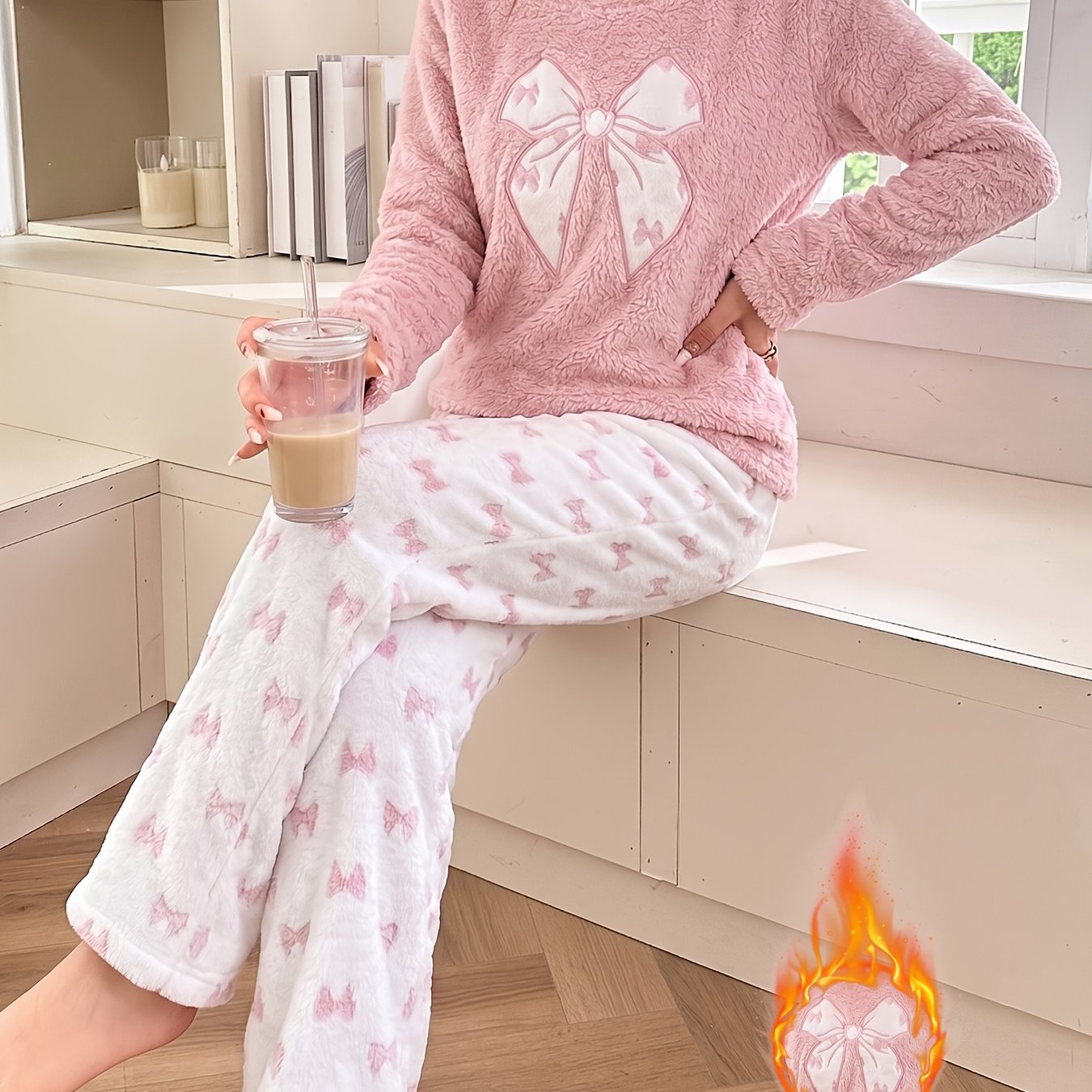 TEMU Long Plush Winter Warm Bowknot Pajama Set, Simple Printed Cute Casual Loungewear Set, Plushy And Thickened