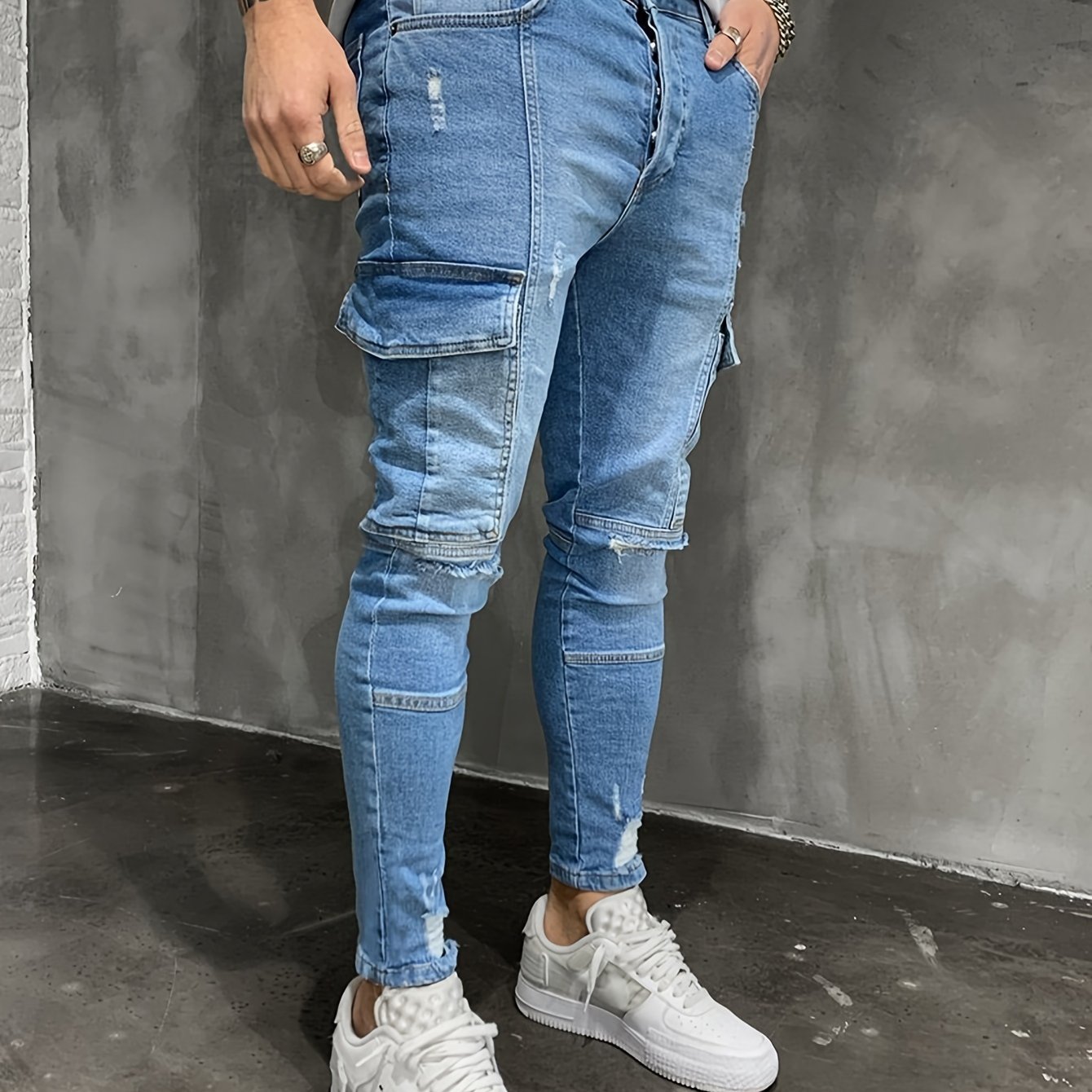 Image of New European And American Men's Side Pocket Ripped Denim Pants Hip-hop Slim Fit Small Leg Pants