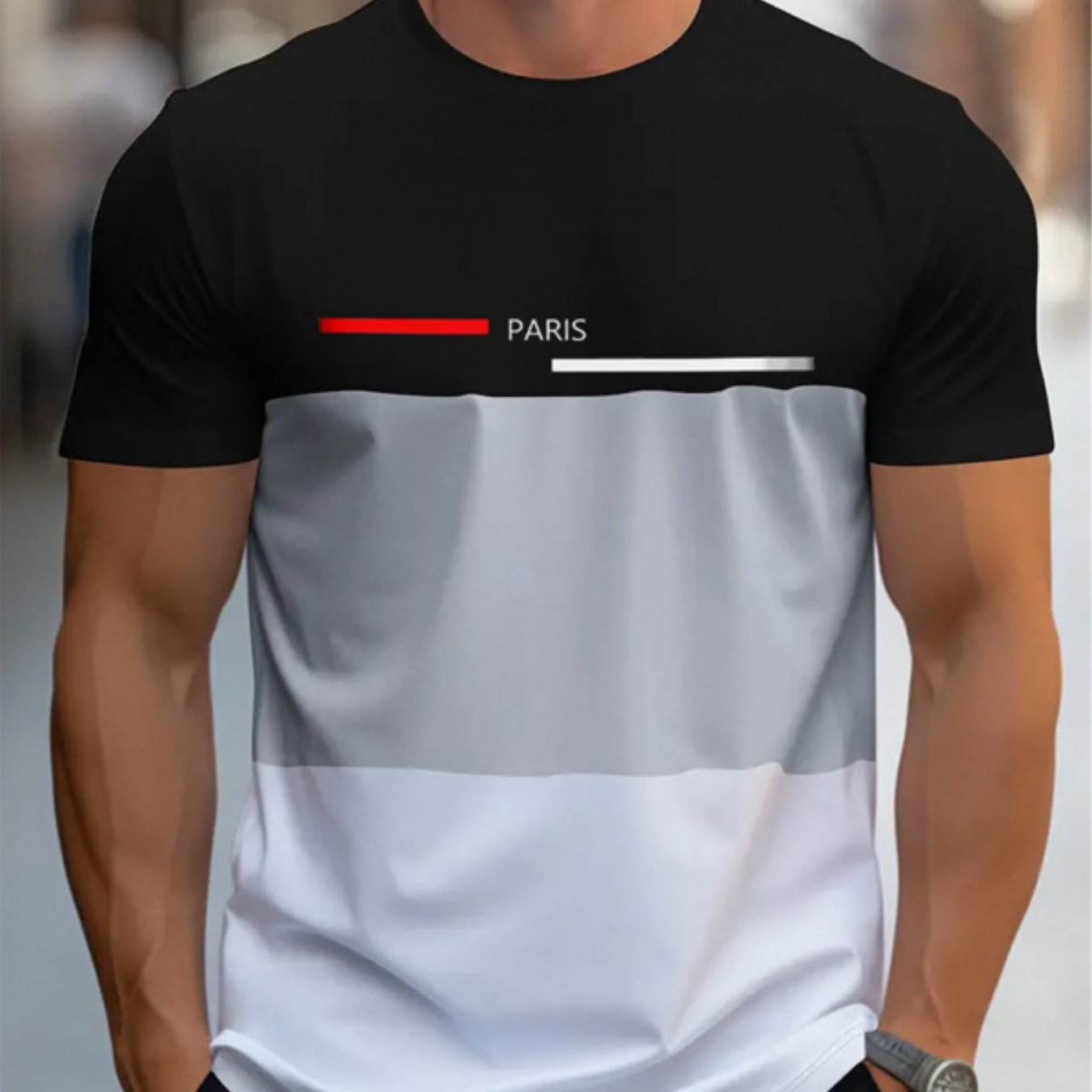 TEMU [Diseño Estampado - No Texturizado] Camiseta de Hombre con Estampado de París y Bloques de Color, Cuello Casual, Cómoda Manga Corta , con Diseño