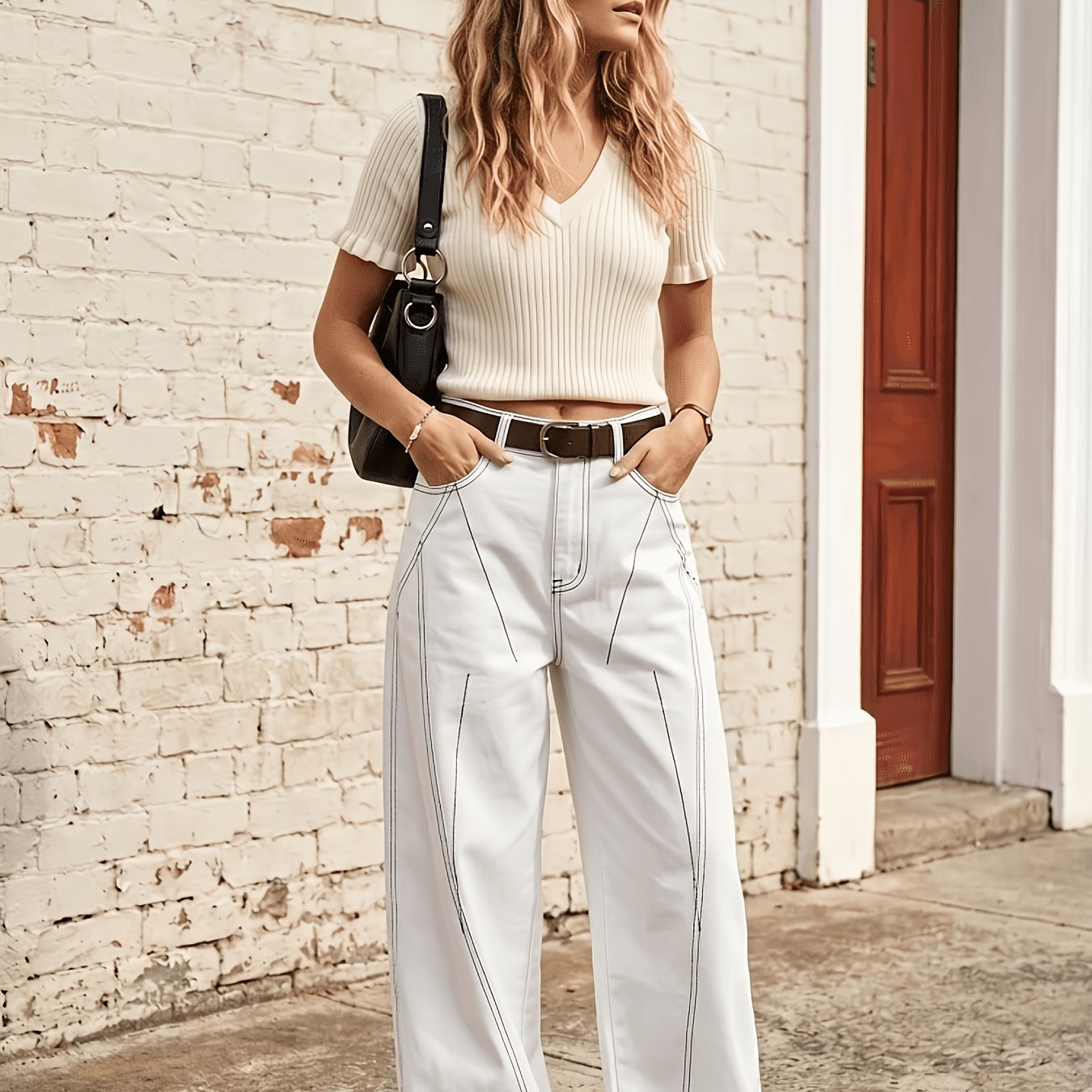 Image of Women's Casual White Contrast Thread Decorated, Fashionable Women's Jeans, Three-dimensional Cutting Design, Mid-waist Loose Straight-leg Style, Conceals Flesh And The Figure, Washed Medium