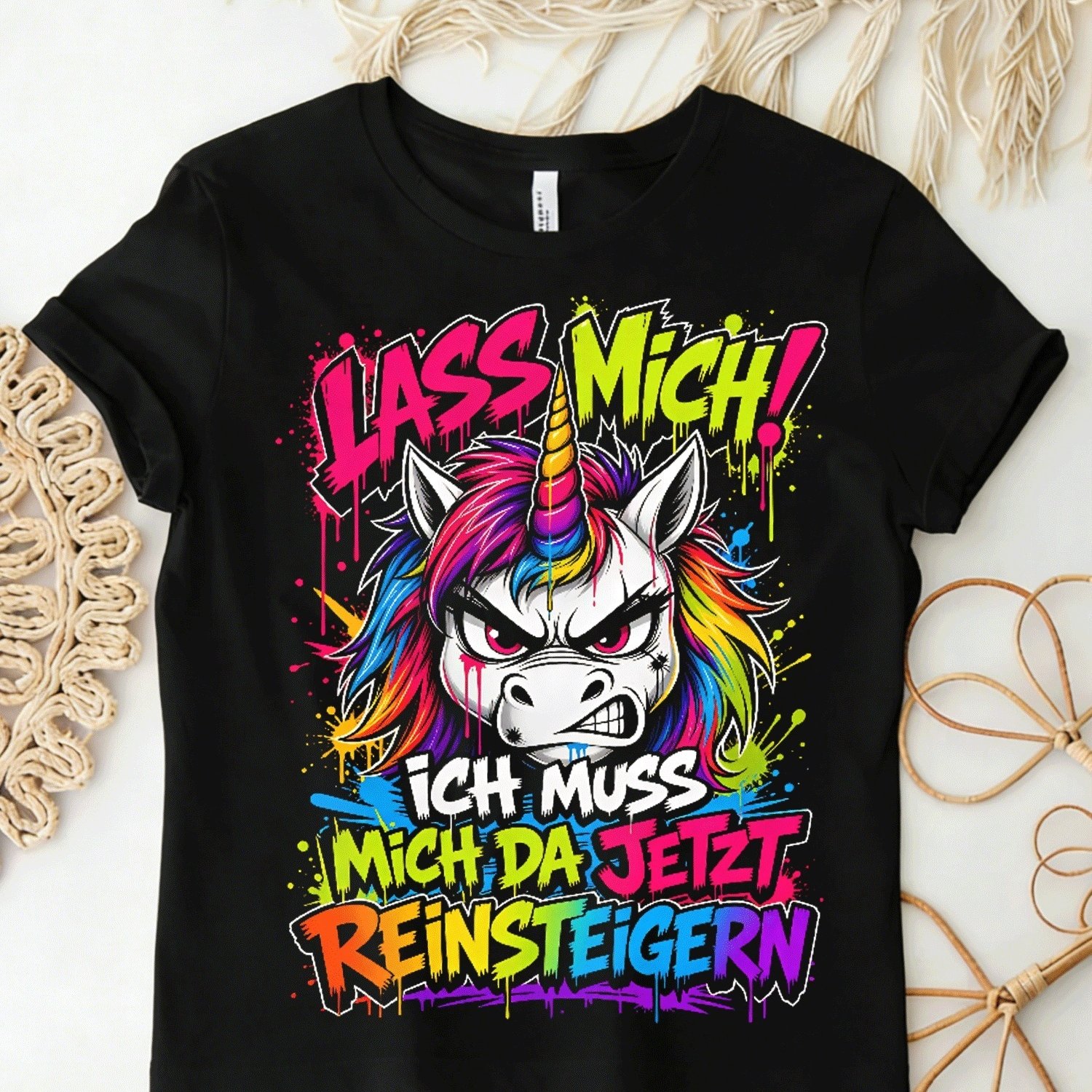 Image of Graffiti Style Angry Unicorn German Saying Overseas Printing Y2k D T-shirt For Men Retro 2s Streetwear Baggy Graphic Local Stock, Size