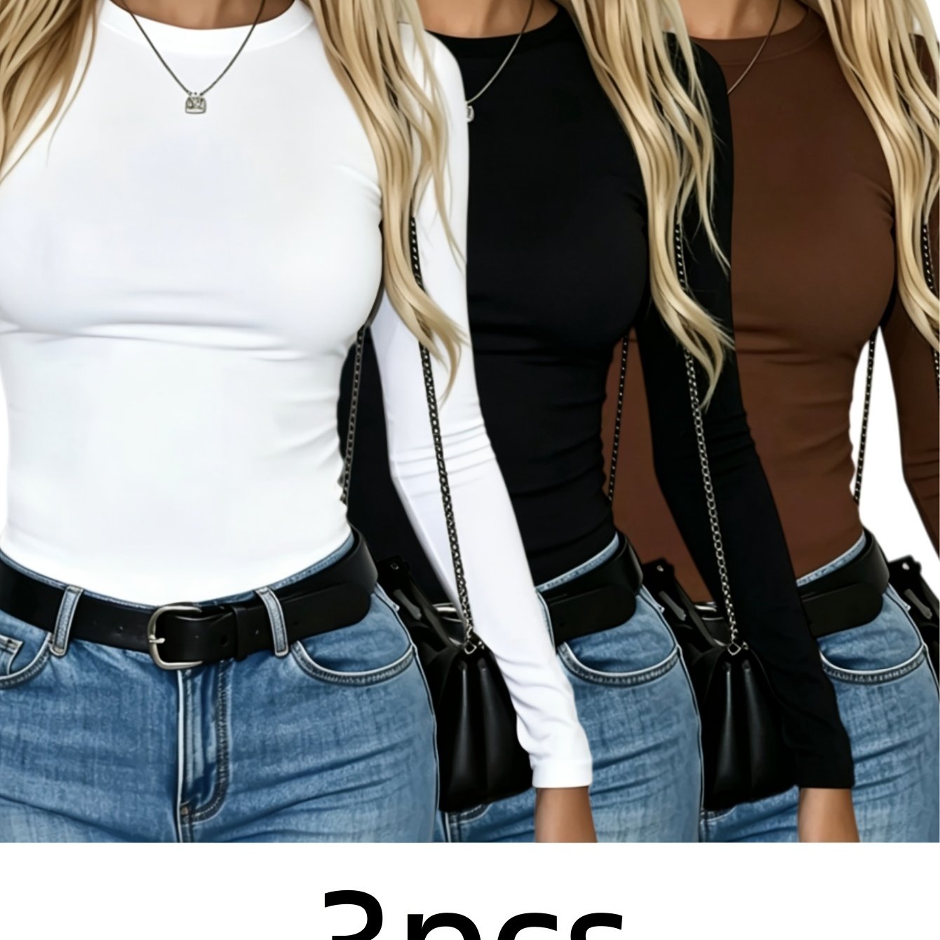 TEMU 3pcs Women's Autumn/winter Long-sleeve T-shirt Set, - Layer, Crew Neck Pullover, Casual, Fashionable, Comfortable, High-end Feel, Outerwear Top