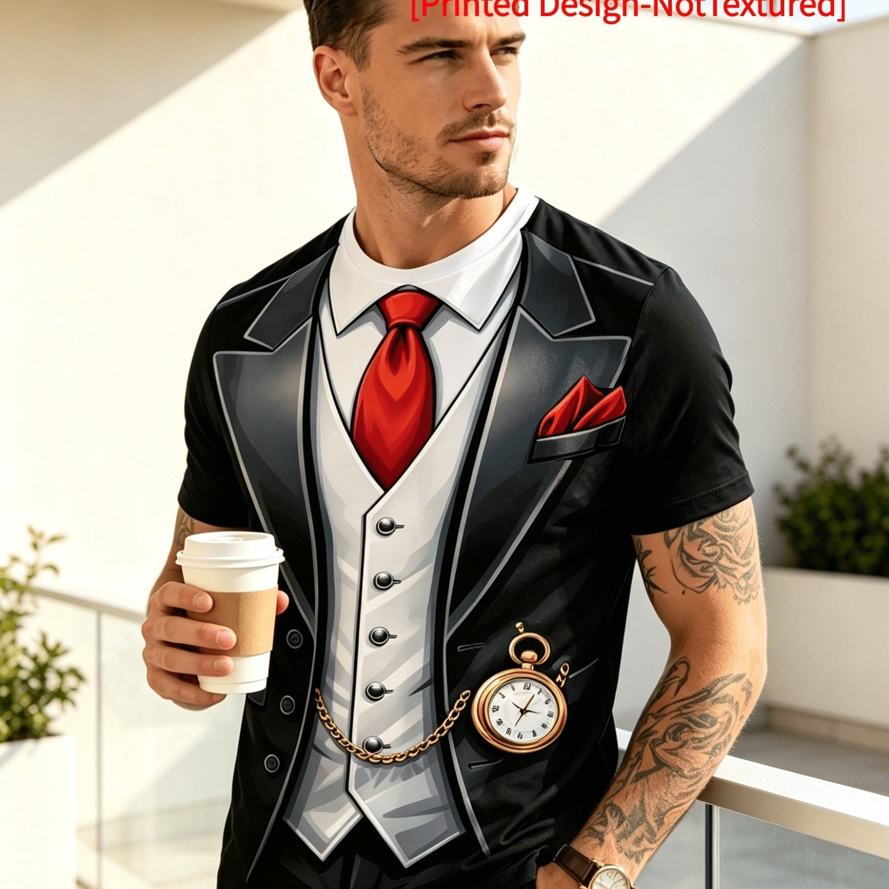 TEMU Men's Vintage Pocket Watch & Fake Suit Print T-shirt - Full-body Pocket Watch Chain Neck Short Sleeve Top, Breathable Retro Gentleman Suit