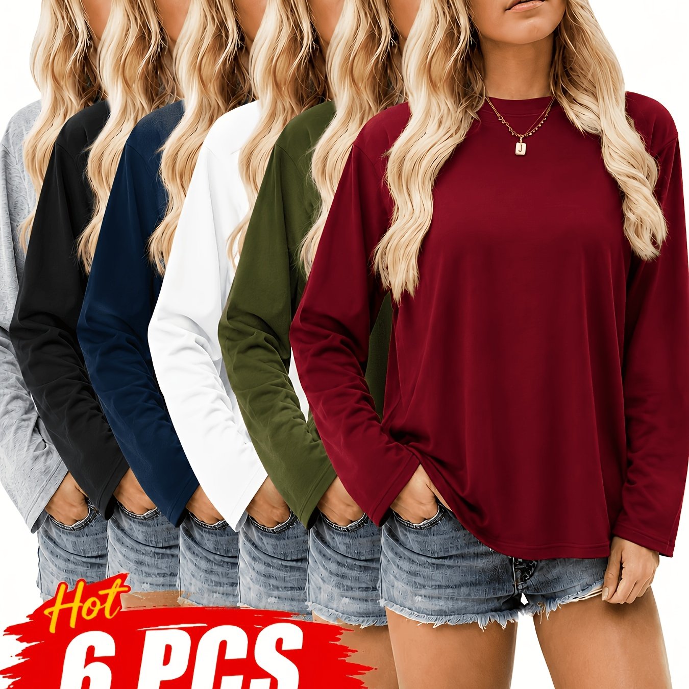 TEMU 6 Size Women's Long Sleeve Shirts, Loose Fit Breathable Lightweight Workout Tops, Crew Neck Athletic Shirts For Running, Gym, Walking & Hiking,