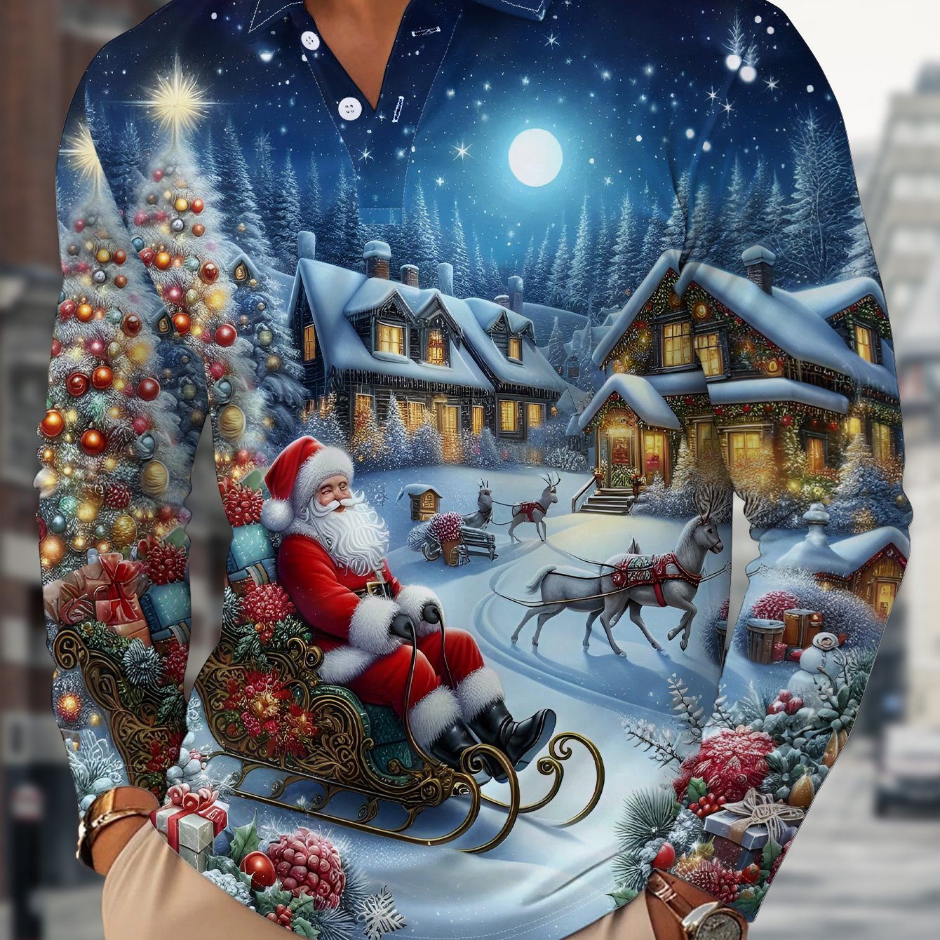 TEMU Men's Long Sleeve Shirt, Casual 3d Printed Golf Shirt With Santa Claus On A Sleigh Christmas Element Pattern, Sporty Style, Men's Long Sleeve