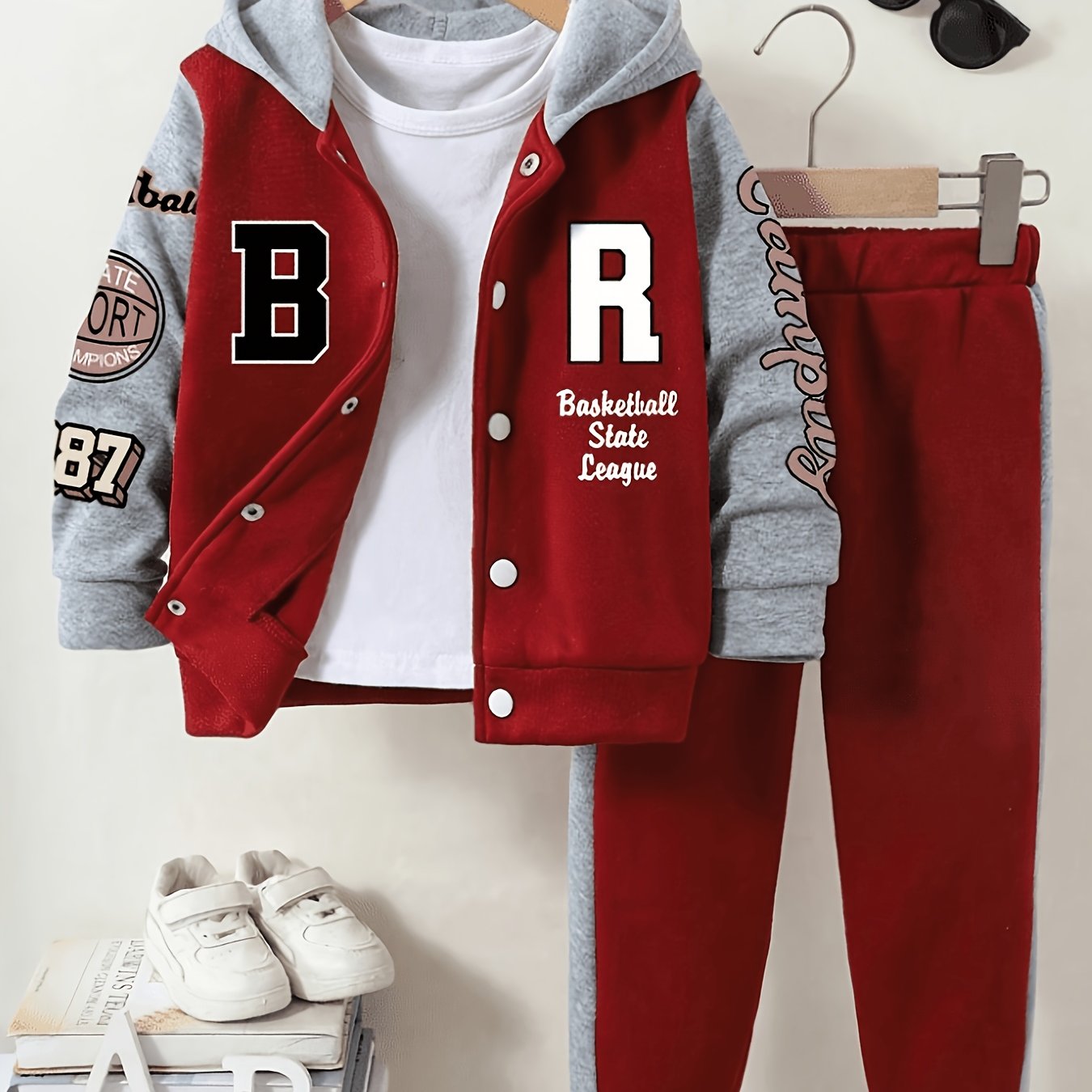 TEMU 2pcs Set Of Boys' Color-block Letter Hooded Baseball Uniform, Versatile Fashion Sports Suit, Br Letter Snap-button Top And Pants, Suitable For