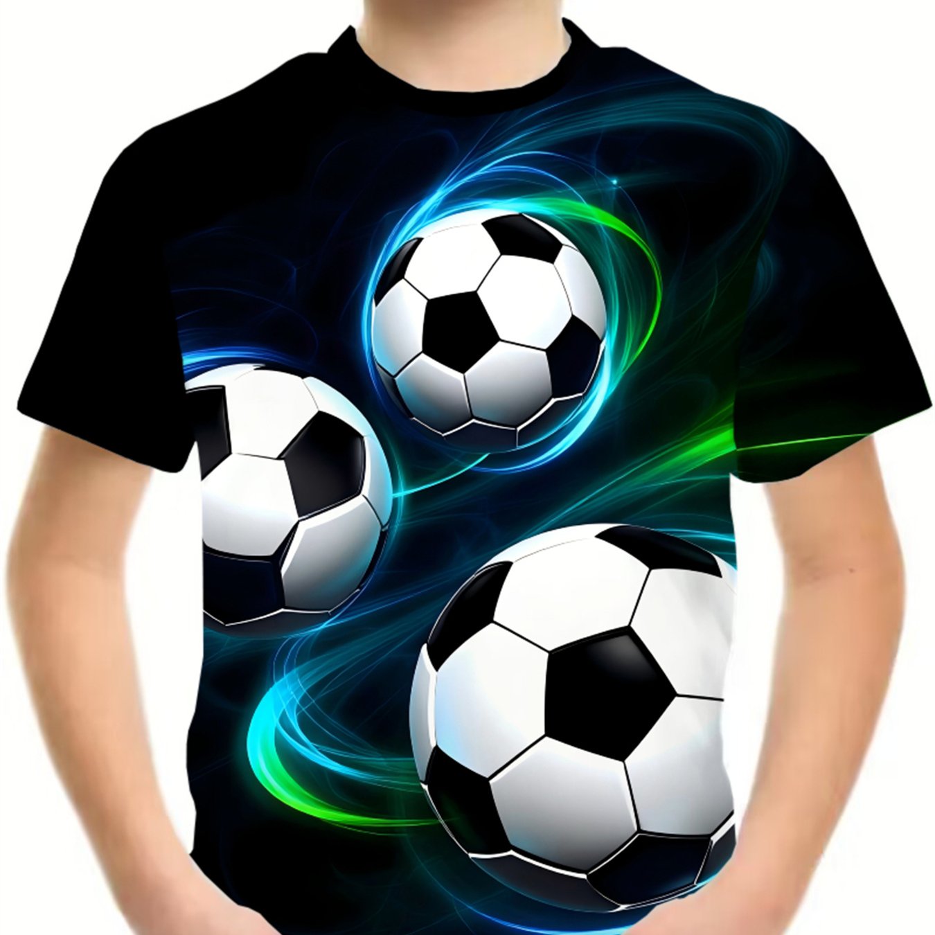 Image of Boys' Fashion Casual Blue Shimmering Football Print Short Sleeve T-shirt, Kids' Individual Casual Breathable Outdoor Sports Top, Birthday Gift For Boys