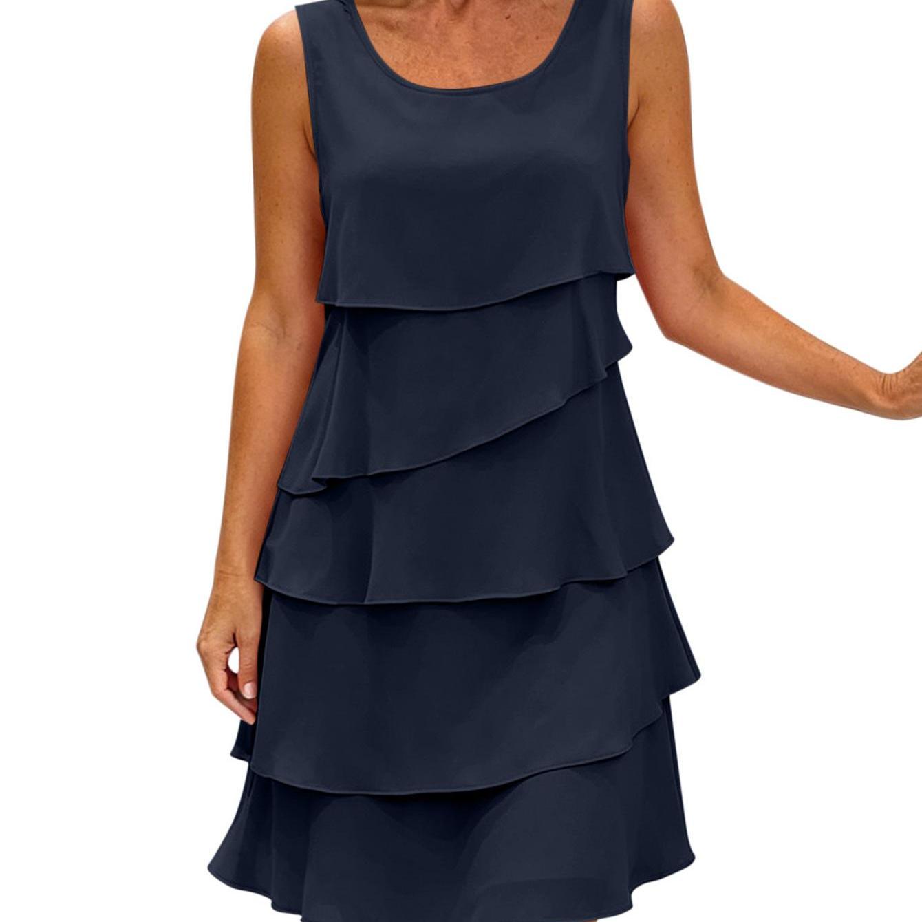 Image of Women's Elegant Tiered Cocktail Dress, Fashion Loose Fit Sleeveless Round Neck Layered Tank Dress Lightweight Comfy Suitable For , Casual To Semi-formal Wear, Wardrobe Staple