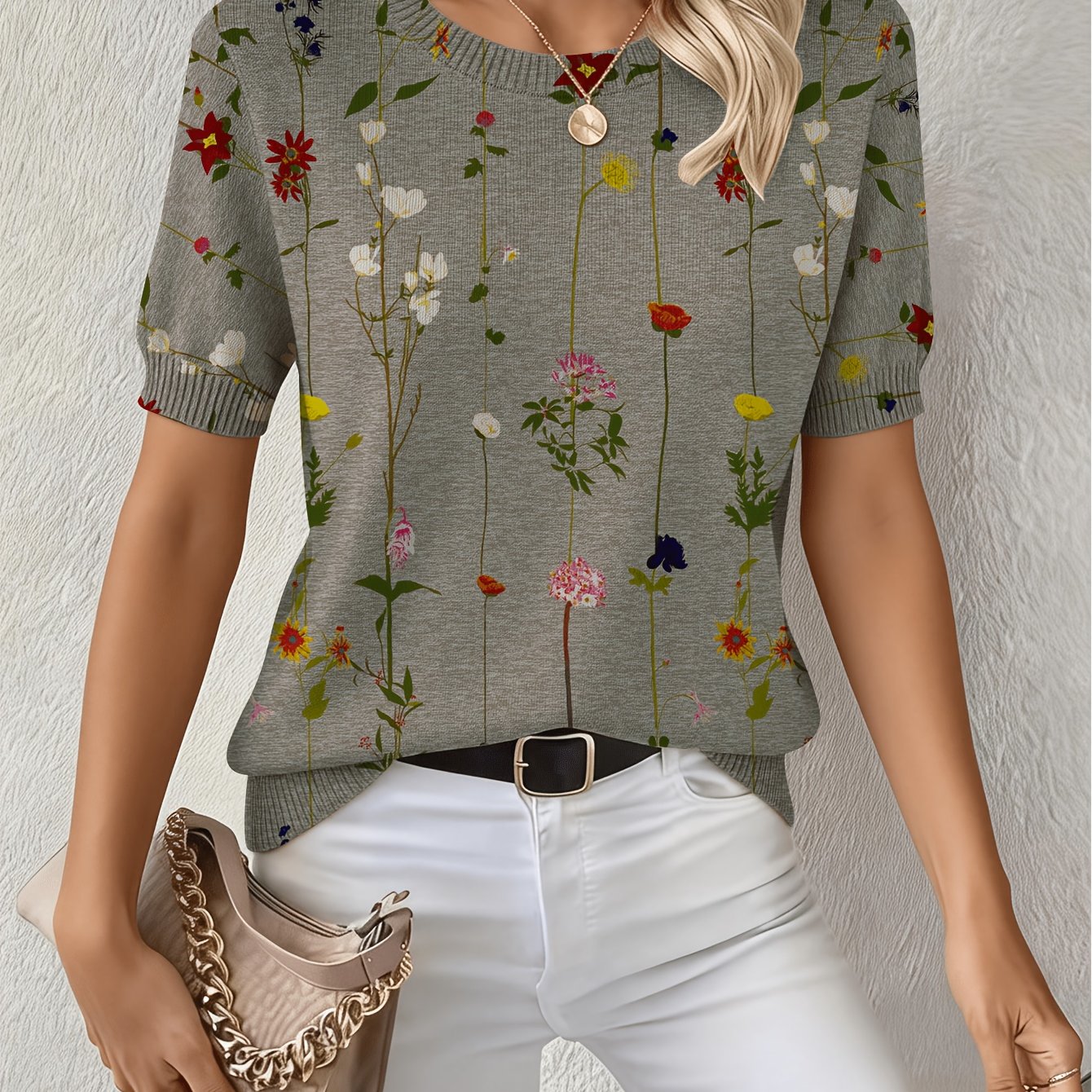 TEMU New Summer Women's Fabric Short-sleeve Top, Round Neck With A Loose And Relaxed Comfortable Wear, Printed With No Texture, Suitable For , Casual