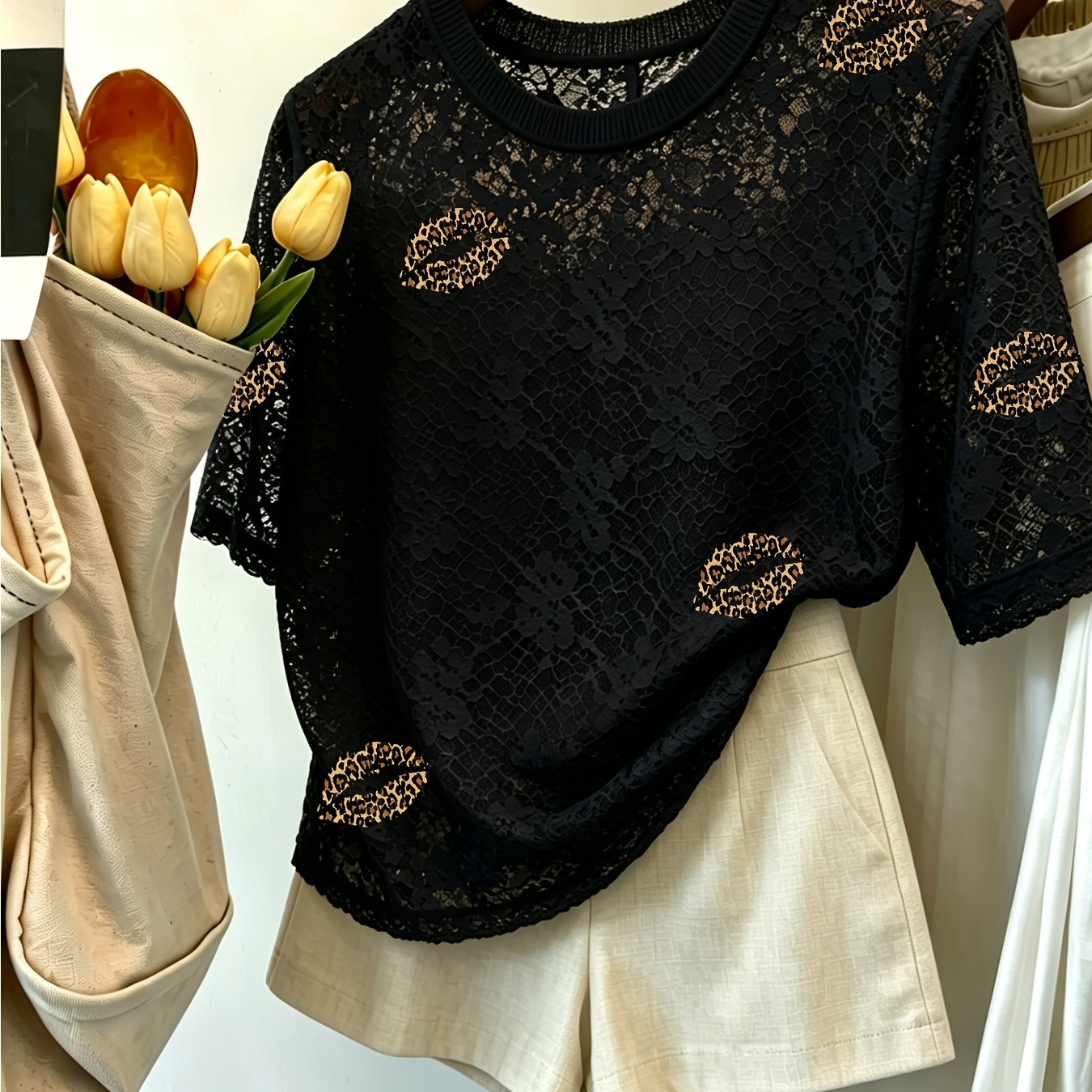 TEMU Women's Summer New Korean Casual Round Neck Lace T-shirt