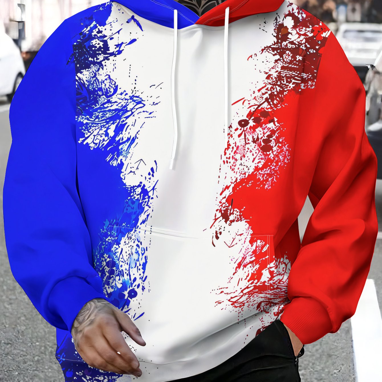 TEMU A Stylish Hooded Sweatshirt Featuring Abstract Art In Blue, White, And Red, With Pocket. Made From A Stretchy Blend, Suitable For Spring And