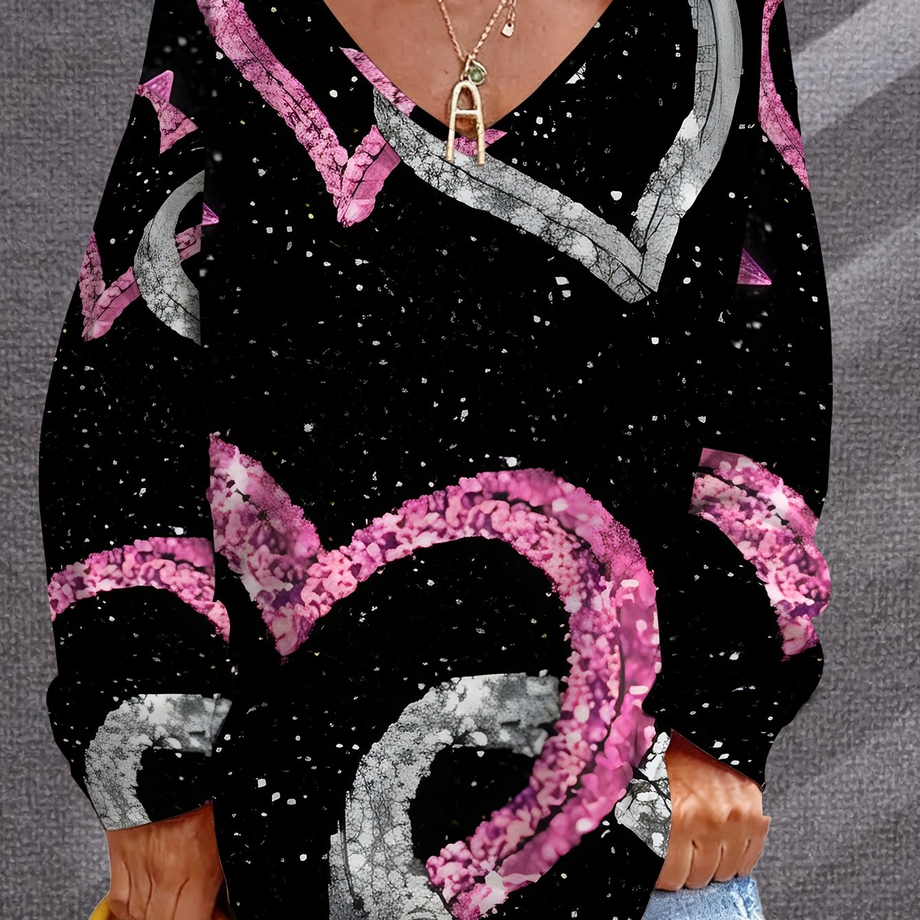 TEMU Women's Plus Size Sequin V-neck Loose Sweater, Fashion Casual Top With Black And Pink , And Versatile