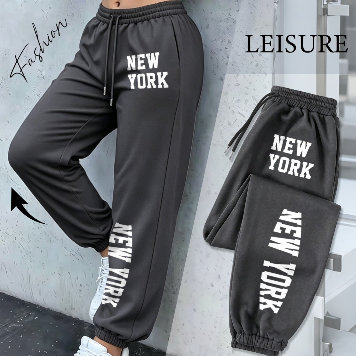 Image of Plus Sizedrawstring Elastic Jogger Sweatpants Style With Front And Back Letter Prints, Loose Fit,, Casual Long Pants