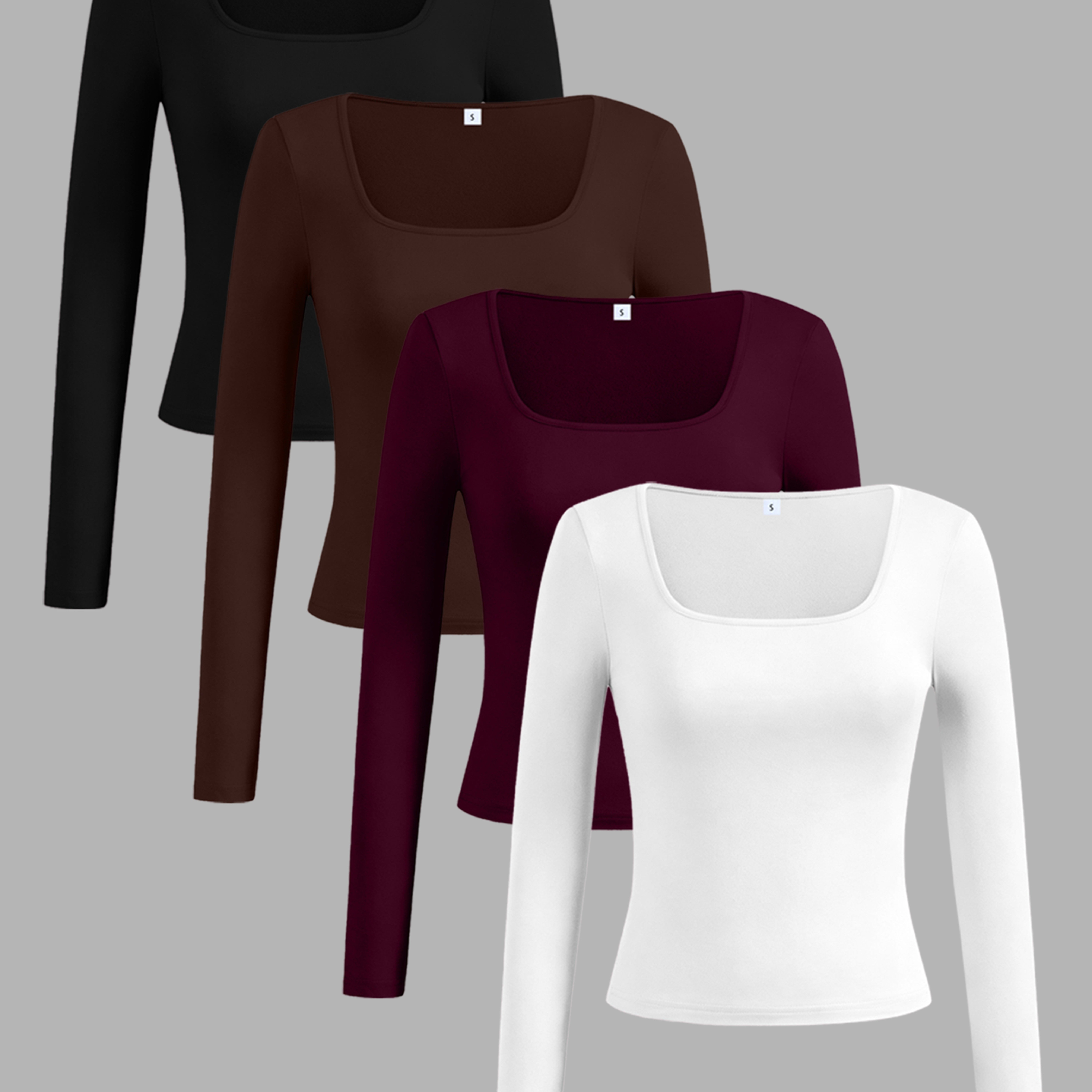TEMU Set van 4 stuks, Casual en Eenvoudige Stijl, Meerkleurig Slim-fit T-shirt met Vierkante Hals en Lange Mouwen, Geschikt voor Dames,