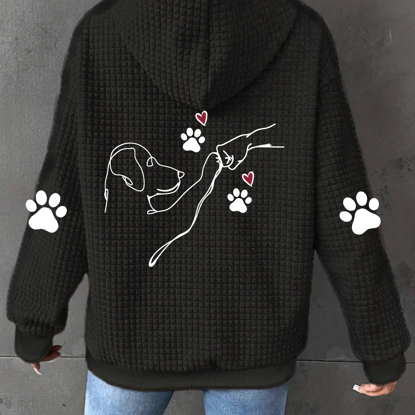 TEMU Niedliches Musterdruck, Damen Freizeit Waffel Reißverschluss Kapuzenpullover mit Kordelzug - Faser, Maschinenwaschbar, Geometrisches Muster