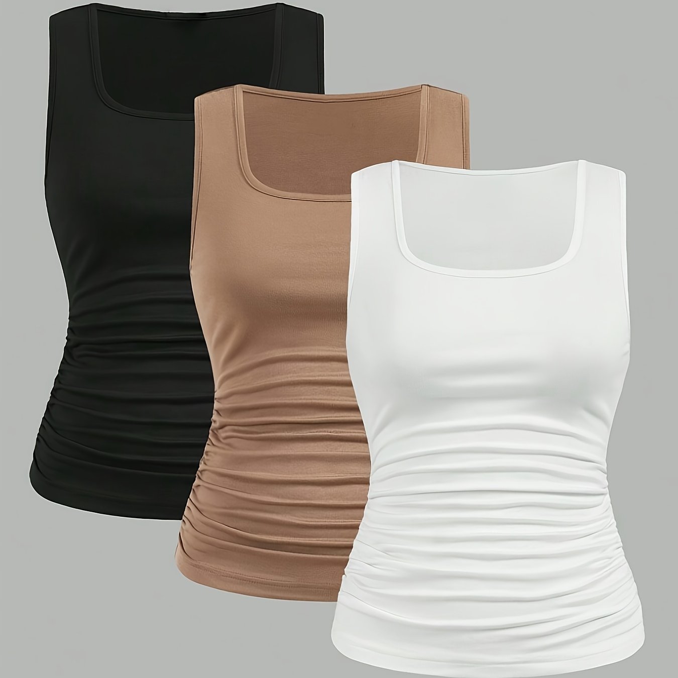 E-shop 3er-Pack Damen Slim Fit Einfarbige Weste Lässiges, leicht plissiertes Top Basisbekleidung Oberbekleidung T-Shirt Enganliegendes Top Ärmelloses