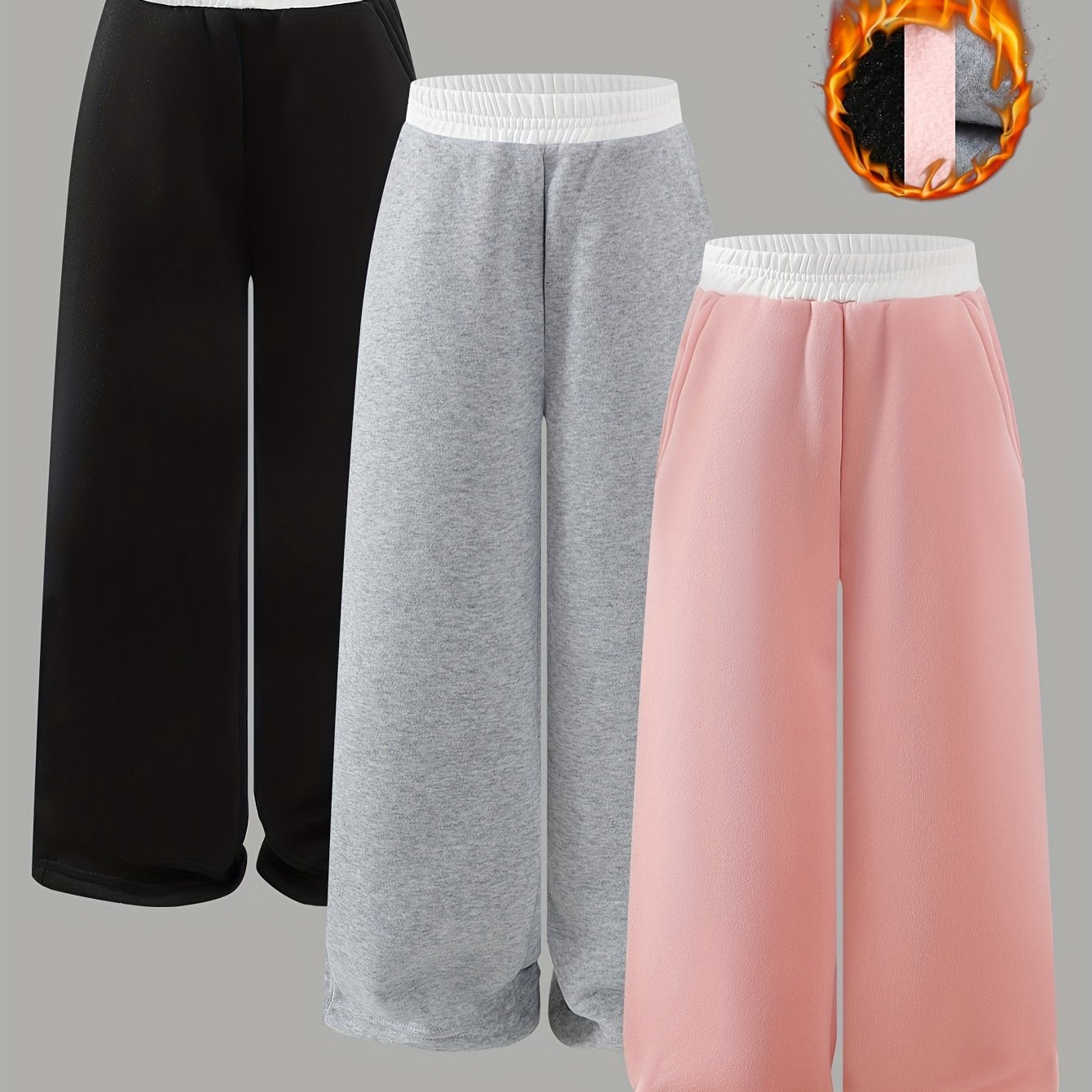 Image of Girls' Fashion Autumn And Winter Thickened Fleece Sweatshirt With Side Pockets And Straight-leg Pants Set Of 3pcs In White, Perfect For Outdoor