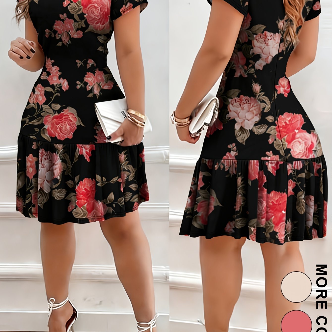 TEMU Floral Print Rose Floral Print Short Sleeve Dress Ruffle Dress Shirred Hem A-line Skirt Mini Dress Summer Party Temperament Dress