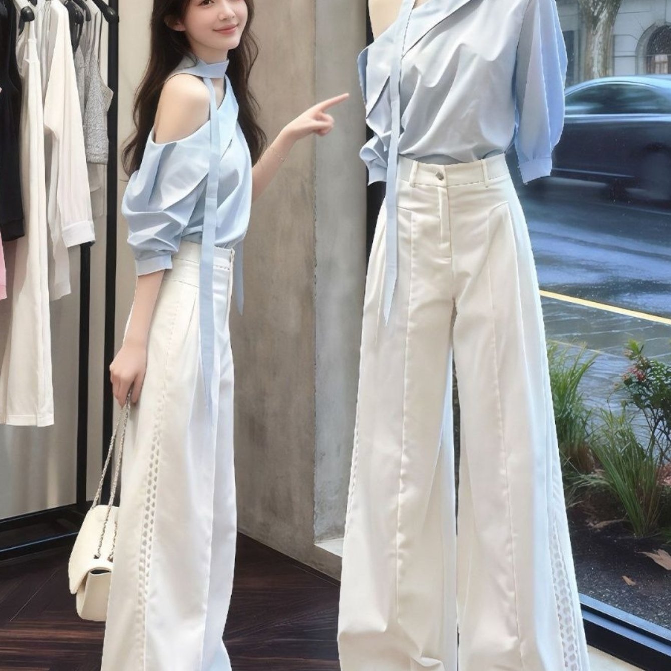 TEMU 斜め肩 長袖ブルーシャツ レディース 長袖シャツ カジュツ 斜め肩シャツ トップス シンプル 無地 夏 新スタイル クール 快適で通気性の良い 通勤向け韓国風デザイン
