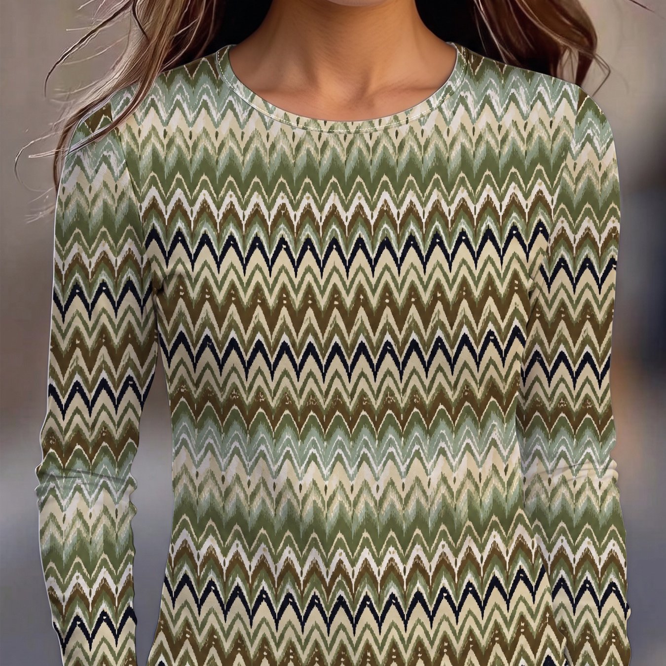 TEMU Women's Elegant Wavy Geometric Stripe T-shirt - Round Neck -compatible Top | Print Machine Washable Suitable For Casual, Office & Layering |