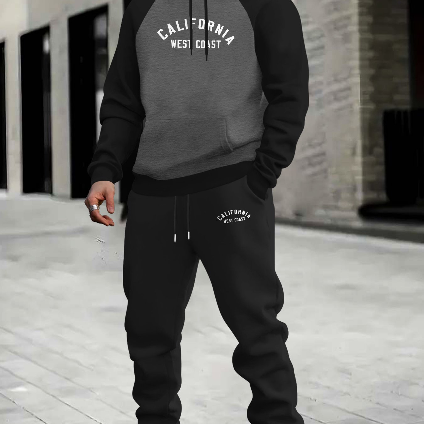 TEMU California Elements Print Men's Casual Sports Shoulder Sleeve Hoodie Two-piece Set, Thickened Casual Trendy Hoodie Set