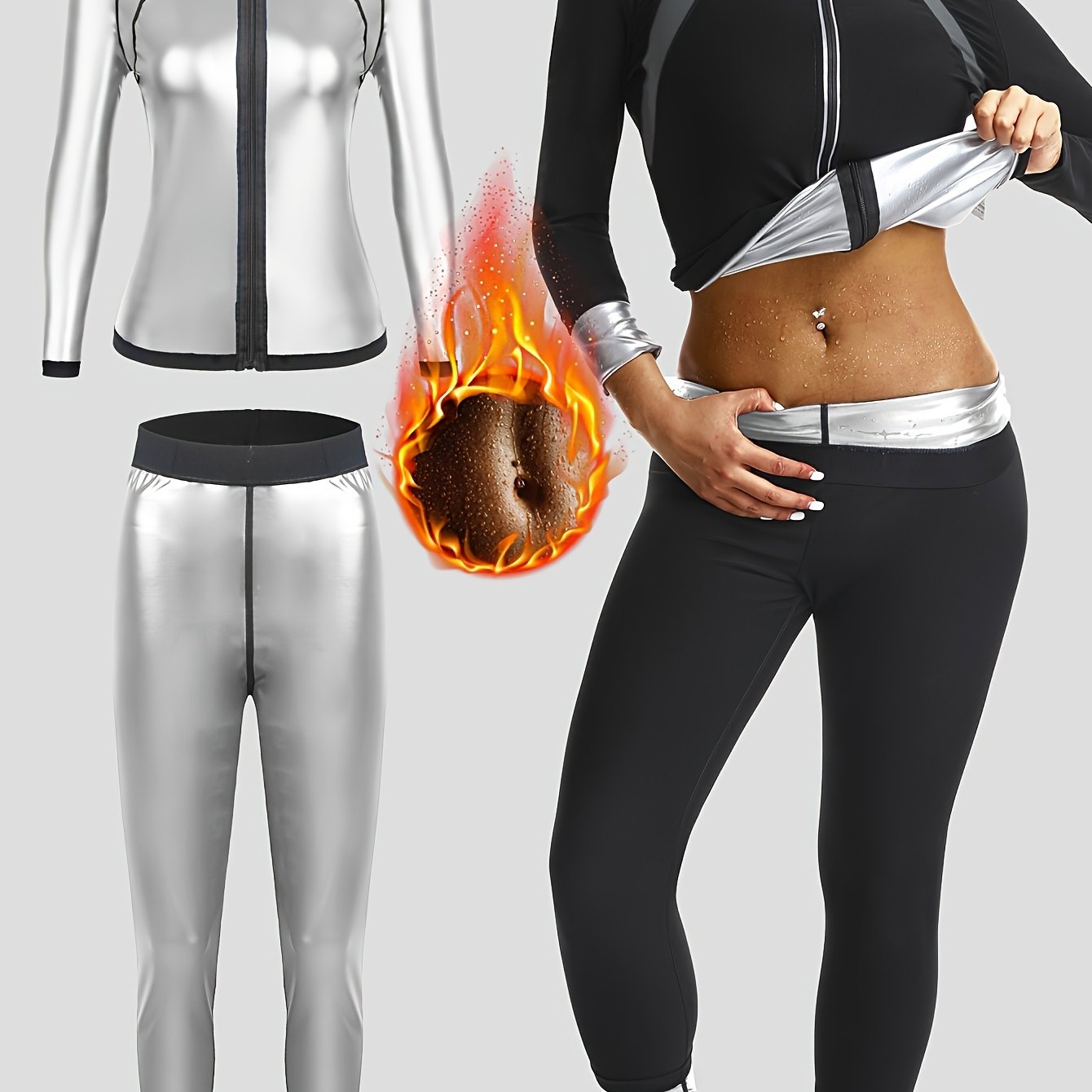 TEMU 2 Pezzi Set con Maniche Lunghe e Pantaloni, Set Sportivo Sauna Donna con Maniche Lunghe e Pantaloni, Tuta Sauna Donna, Tuta Sudorifera Donna