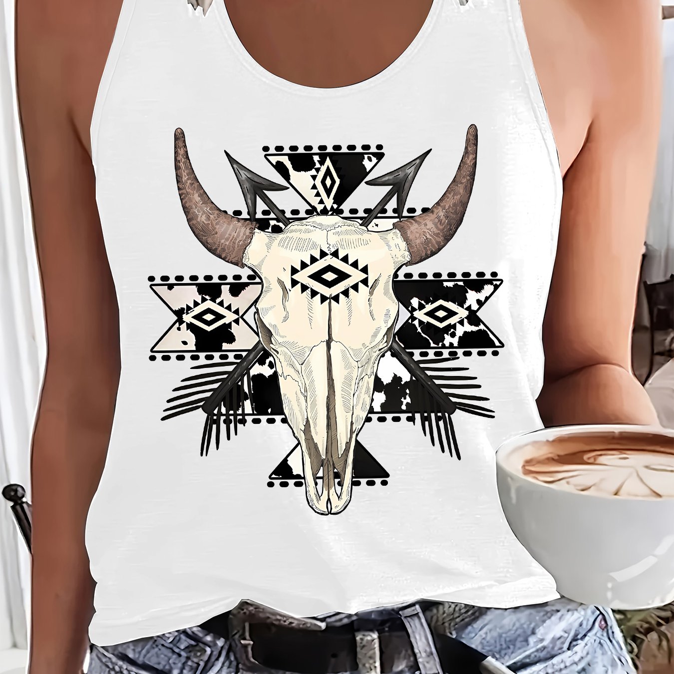 TEMU Women's Head Print Sleeveless Vest - Vintage Cowgirl Bull Skull Blouse Style Suitable For - Outerwear & Innerwear, Machine Washable Round Neck