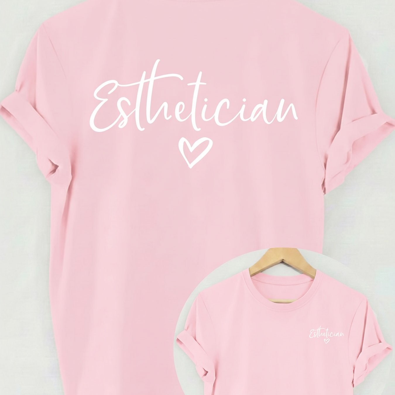 TEMU [Stampa su entrambi i lati] Top casual a maniche corte con scritta "Estetista" in calligrafia e motivo a cuore, per abbigliamento da donna in e