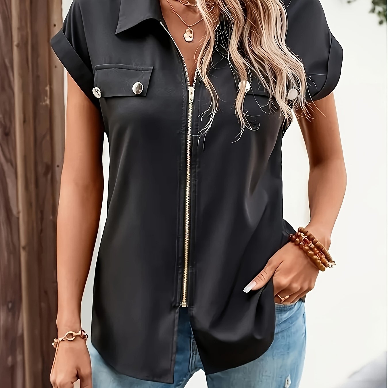 E-shop Plus Size - Plus Size - Plus Size Einfarbiges Hemd mit Reißverschluss und Knopfleiste, Lässiges Kurzarm-Top, Damenmode in großen Größen für den