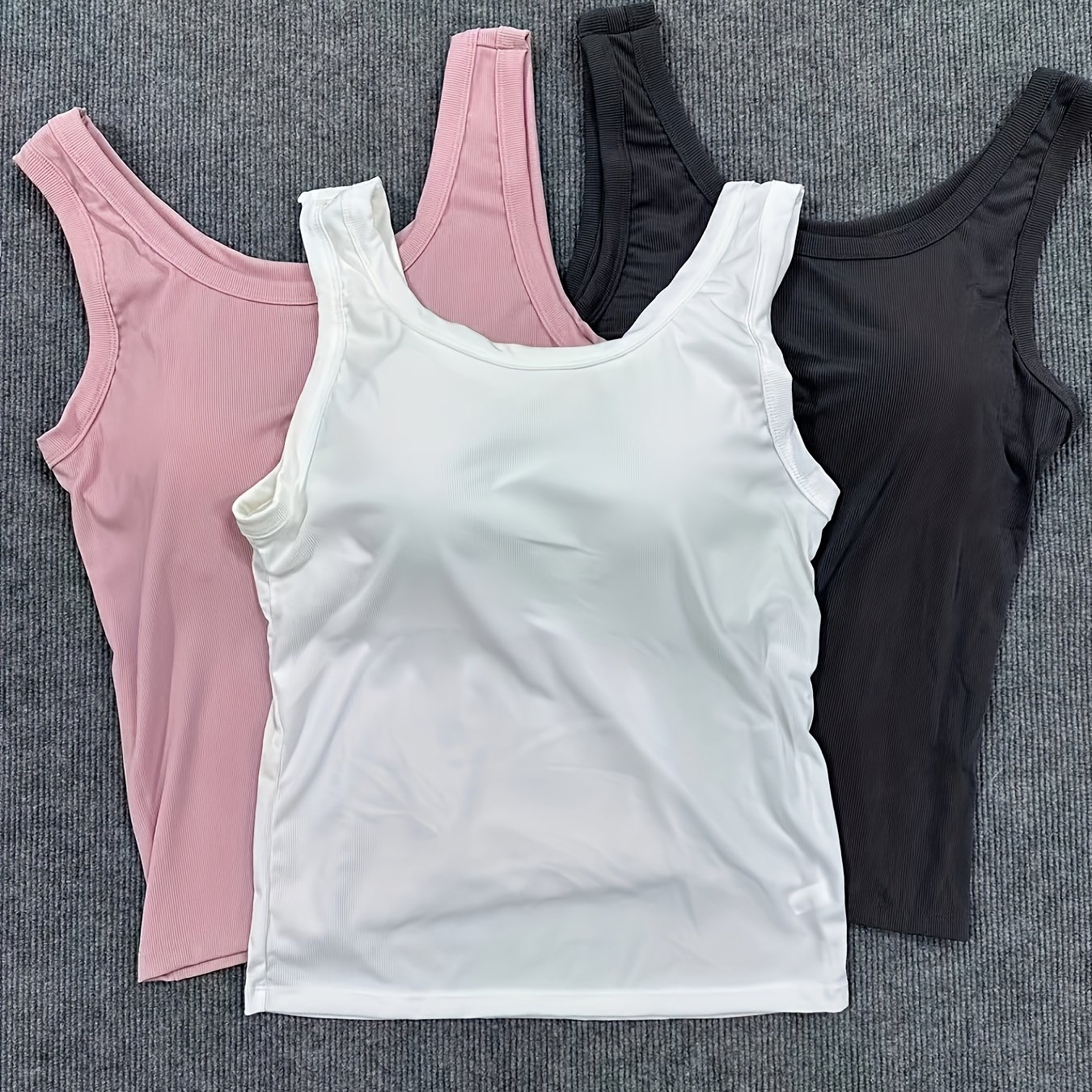 3pcs Plus Size Solid Ribbed Tank Tops, Casual Crew Neck, Autumn/winter Sleeveless Stretchy Tanks With Built-in Bras, Women's Plus Size Apparel