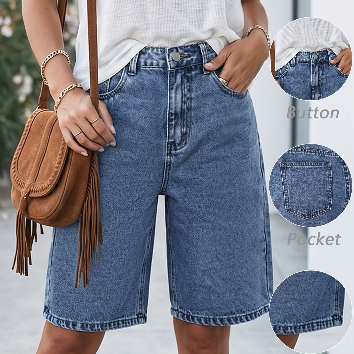 Women's High-waisted Casual Denim Shorts, Loose Knee-length Fit With Pockets, Summer Bermuda Shorts