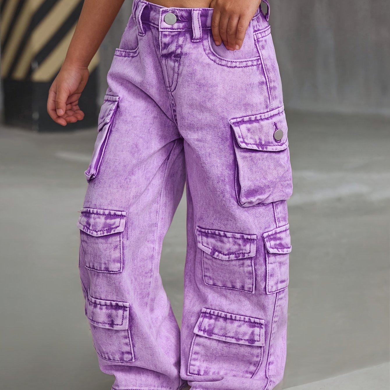 Image of Young Girl Purple Denim Cargo Wide Leg Pants Cargo Pants Kids Cargo Pants Girl Y2k Pants, Autumn Essentials