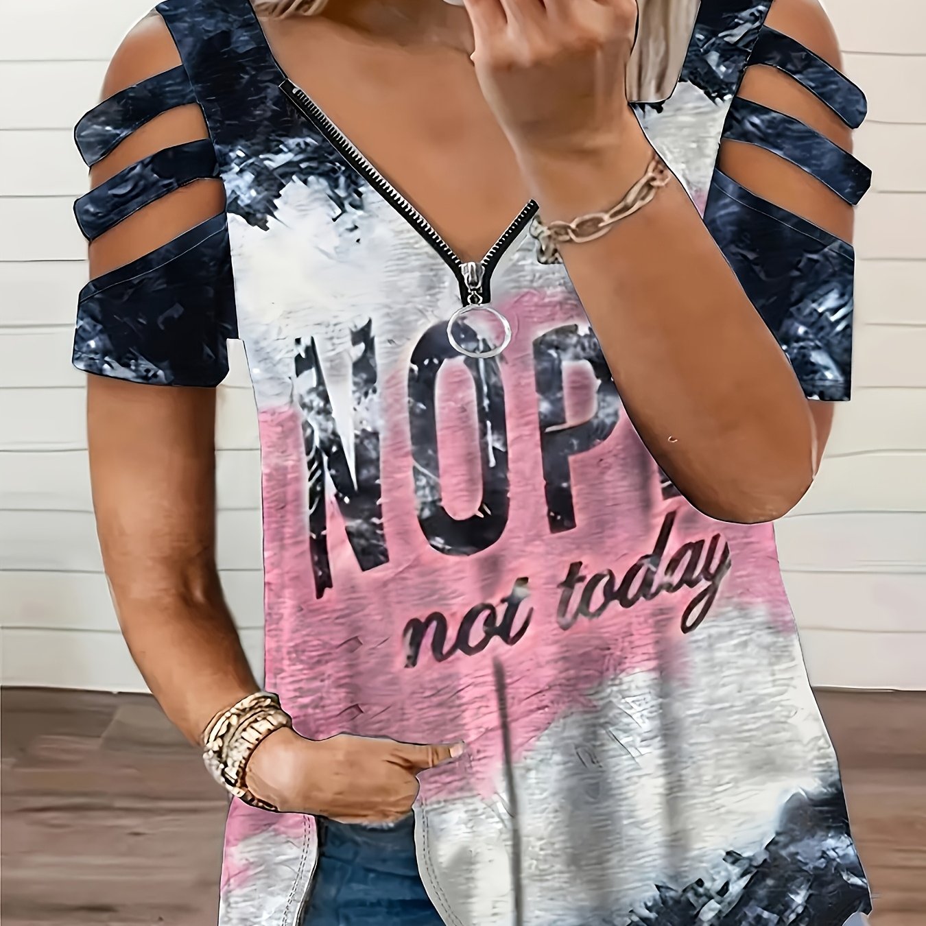 Image of Women's Plus Size V-neck Zip-up T-shirt With "nope Not Today" Graphic, Sleeve Cut-out Details & Tie-dye Print - Casual Stretch Knit Top For Wear, Top | Trendy Casualwear | Quality Casual Tee