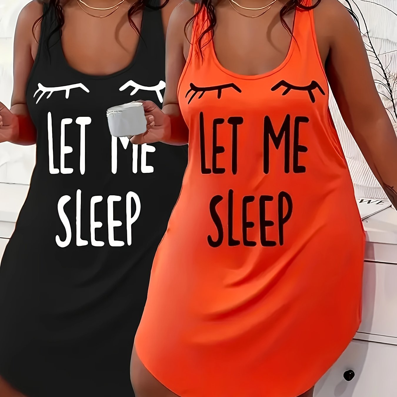 Image of Two-piece Plus-size Women's Casual Pajama Set, Letter Print Round Neck Tank Nightgown With Hem, Summer Cool